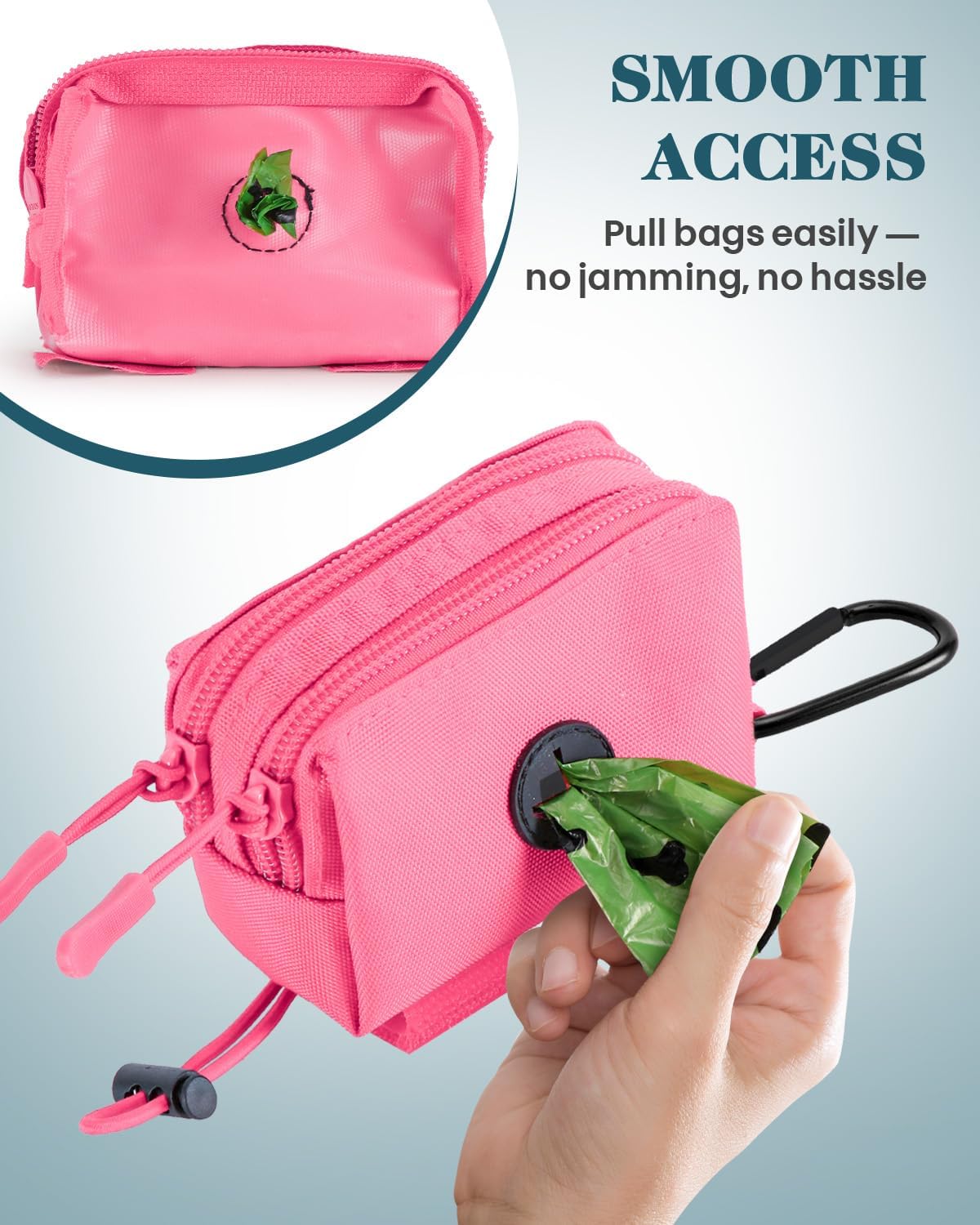 Dog Poop Bag Holder for Leashes, Pink Doggie Waste Bag Dispenser and Treat Holder, with Carabiner Hook and Poop Bag Clip, Used Waterproof Wear-Resistant Fabric and 2 Zippered Pouches for Walking