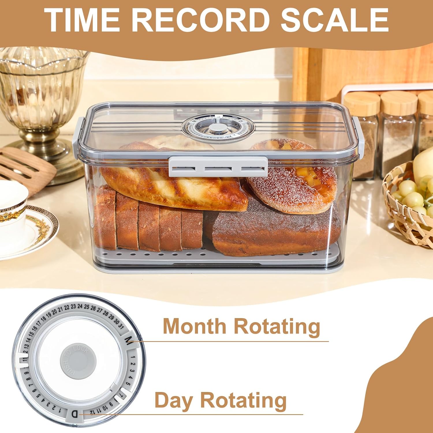 Qinyoung 4 Pcs Airtight Bread Box with Slicer for Kitchen Countertop Butter Dish Lid Time Recording and Drainage Mat Bread Storage Container for Sandwich, Sourdough Rounds, Bagels, Cakes(Gray)