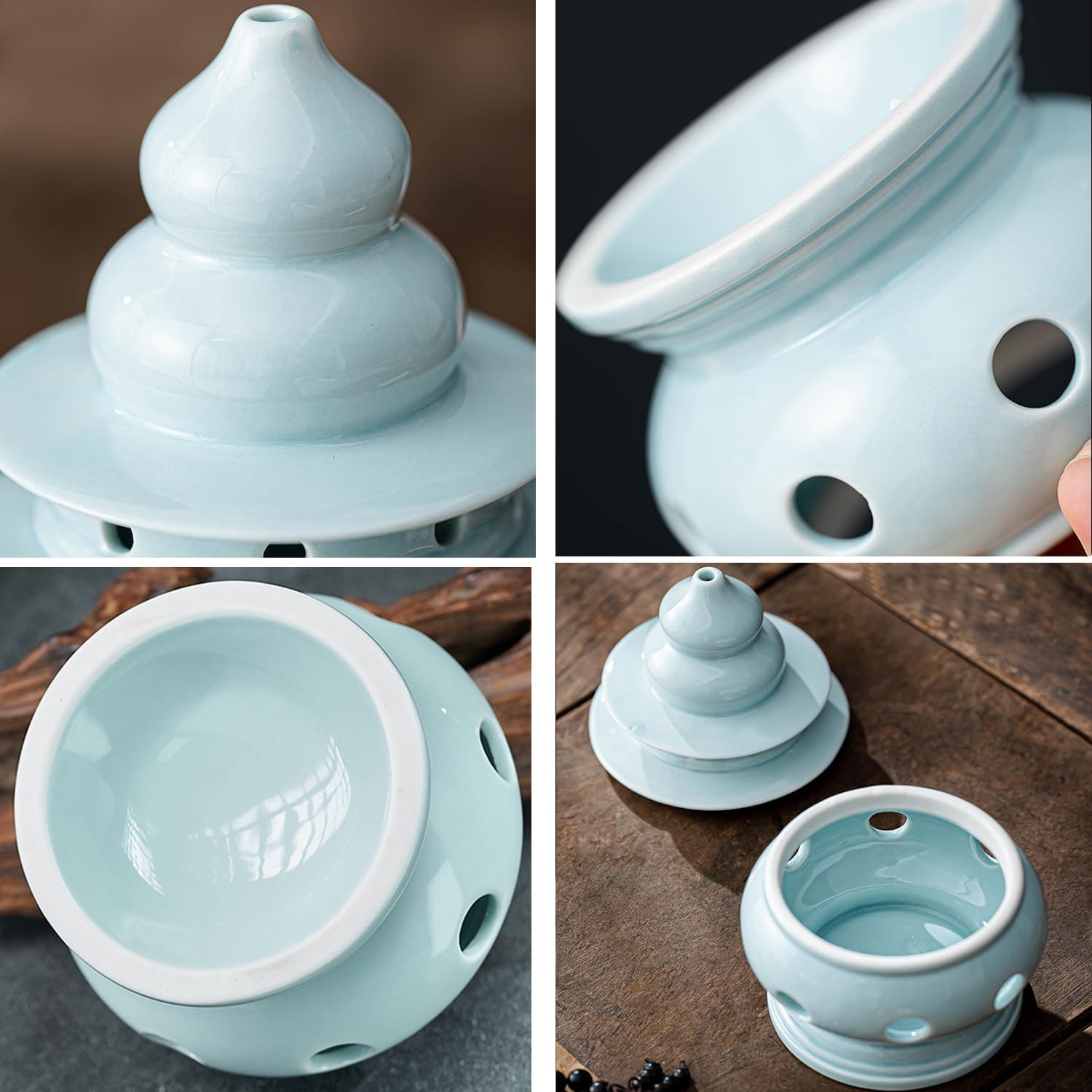 Ceramic Incense Burner with Lid,Artistic Incense Burner Holder for Cone and Coil Incense,Mediation Gift,Room Decor (Light Blue)