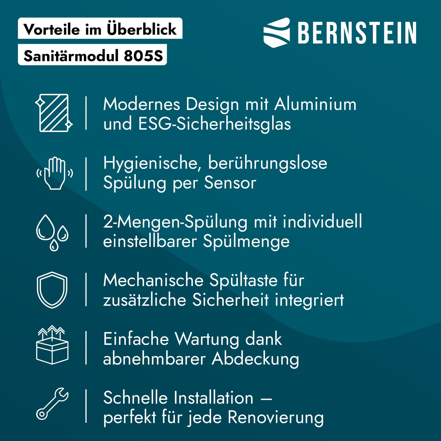 Bernstein Sanitärmodul 805S 1003 x 483 x 108 mm für Wand-WC in Schwarz mit Sensorsteuerung, 2-Mengen-Spülung, schwitzwasserisoliertem Spülkasten und ESG-Glasfront