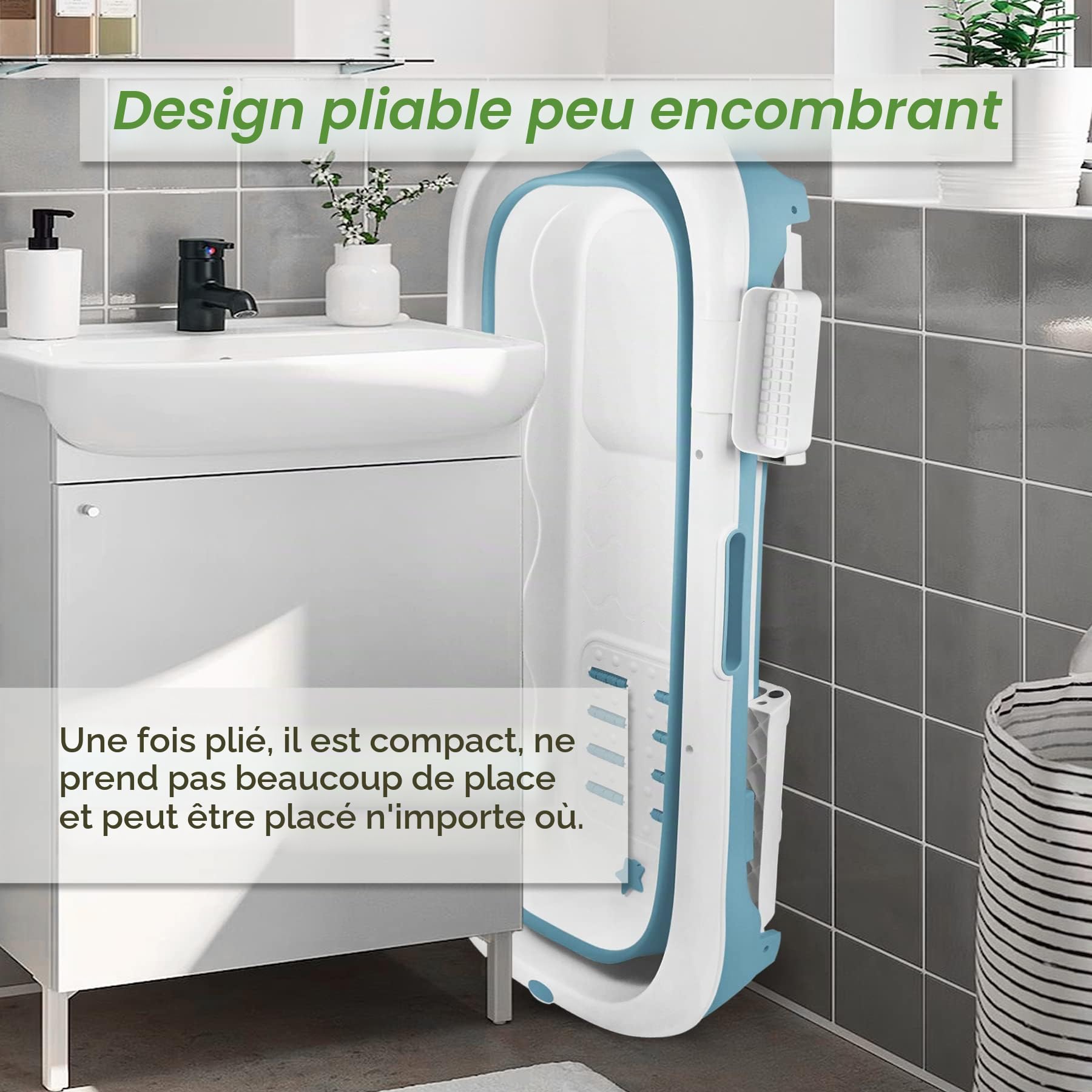 Froadp 128x60x53cm Baignoire pliable avec Couvercle Amovible pour Adultes Enfants Baignoire de Douche Pliable Portable Mobile avec Mains Courantes pour L'intérieur Petite Salle de Bain ou L'extérieur