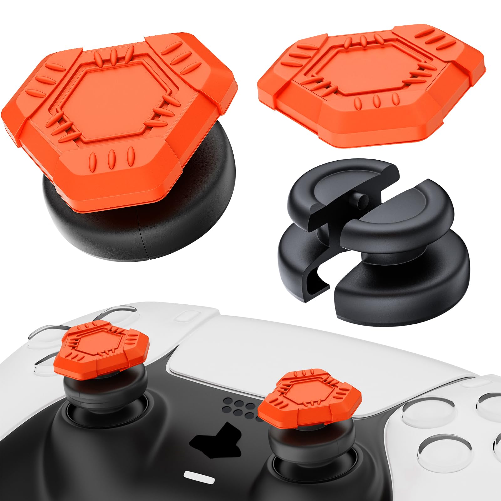 PlayRealm NO FALLING OFF Thumbstick Extender & Silicone Grip Cover 2 Sets for PS5 & PS4 Controller (UFO Orange)