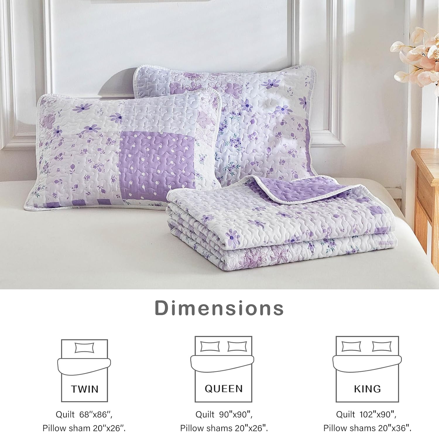 Flysheep Floral Patchwork Quilt Set Twin Size, 2 Pieces Purple Flower Plaid Bedspread Coverlet Set, Lightweight Soft Microfiber Bed Cover for Kids (68" x 86", 1 Quilt+ 1 Pillow Sham)