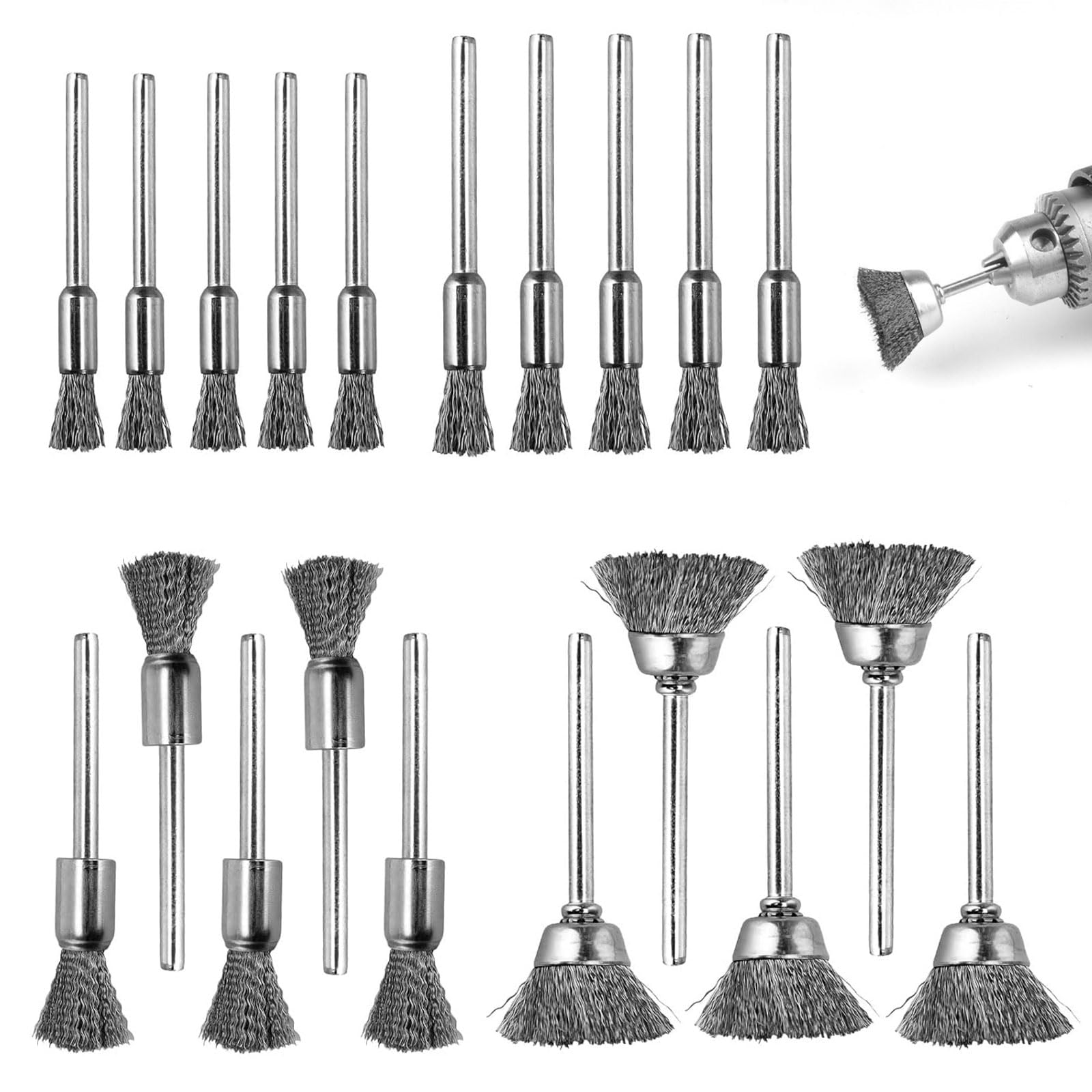 20 cepillos de acero para taladro eléctrico, cepillo de alambre para taladro, acero inoxidable, vástago de 3 mm, 4 tamaños (5/6/8/15 mm), cepillo de alambre para Dremel, cepillos abrasivos para