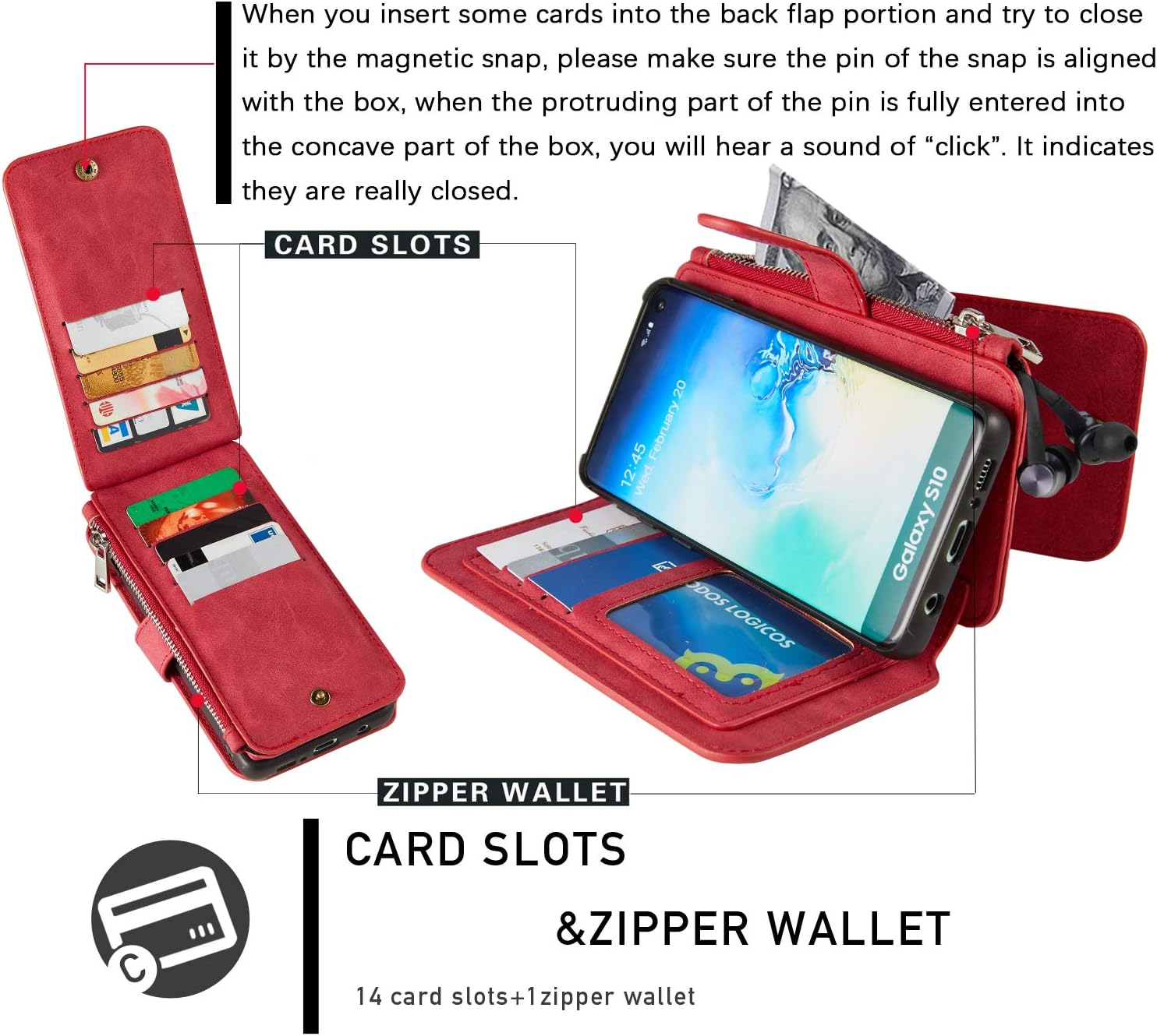MODOS LOGICOS Samsung Galaxy S10 Case, [Detachable Wallet Folio][2 in 1][Zipper Cash Storage][Up to 14 Card Slots 1 Photo Window] PU Leather Purse with Removable Inner Magnetic TPU Case - Red