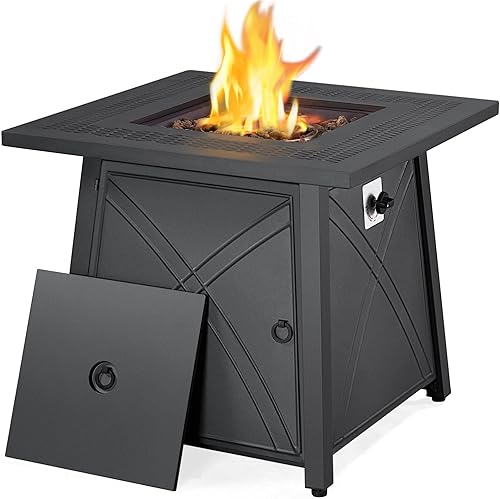 Yaheetech Mesa de fogata de gas de 28 pulgadas con tapa y mesa de hierro para exteriores, mesa de fuego de propano de 50.000 BTU con rocas de lava,