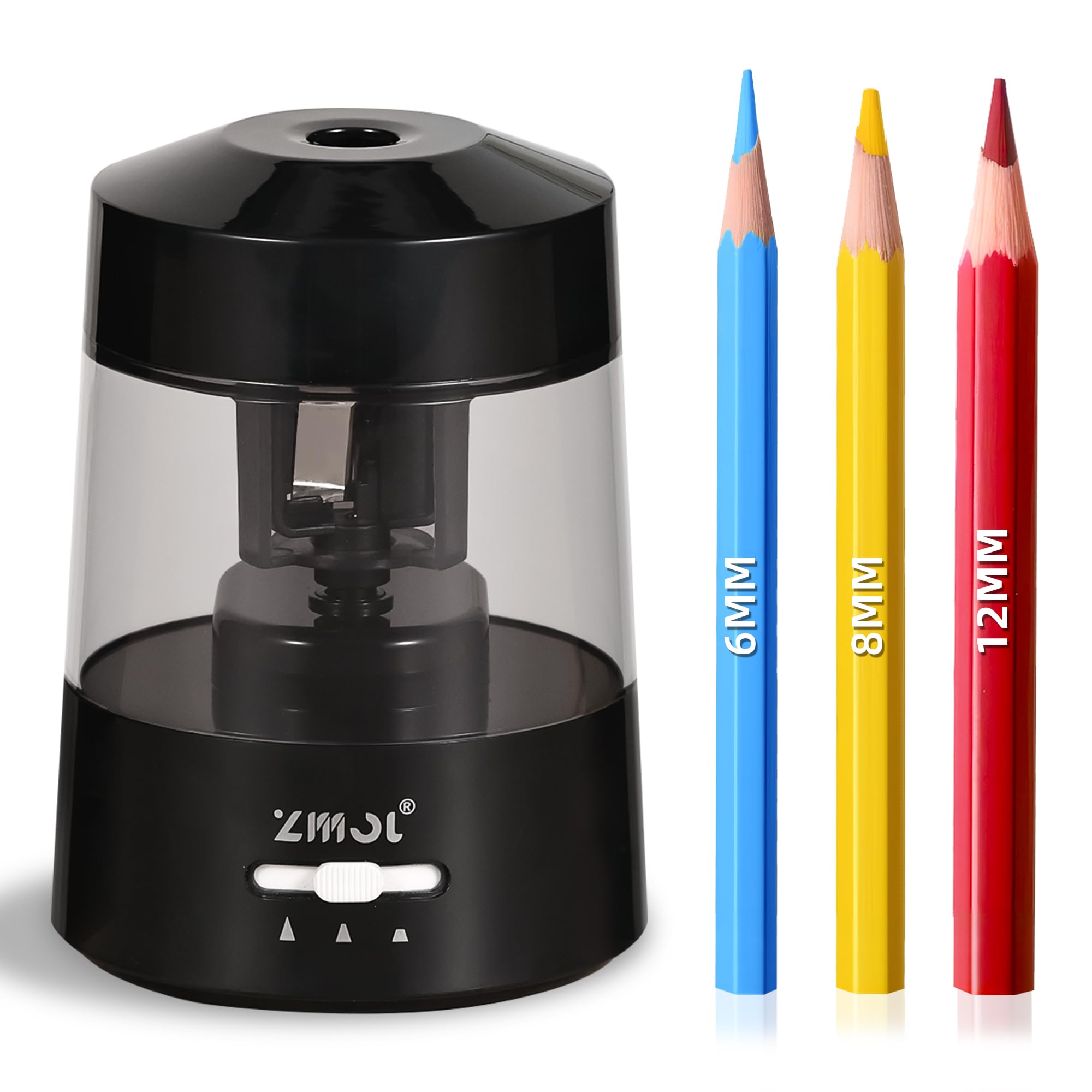 ZMOL Electric Pencil Sharpener Battery Operated Power Kids for Colored & Jumbo Pencils No.2/(6-12mm) - Safe & Easy Use Plug in Portable (AC Adapter,USB, Battery) for Classroom/Office/Home Schwarz