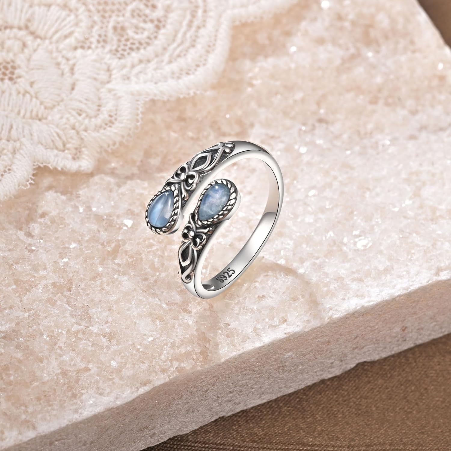 925 Sterling Silver Natural Moonstone Rings for Women Adjustable Sunflower Thumb Ring Vintage Spoon Rings Labradorite Rings Gift For Mom Wife Sister Her