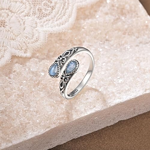 Miniatura 4 de Anillos de plata de ley 925 con piedra lunar natural para mujer, anillo ajustable de girasol para pulgar, anillos de cuchara vintage, anillos de