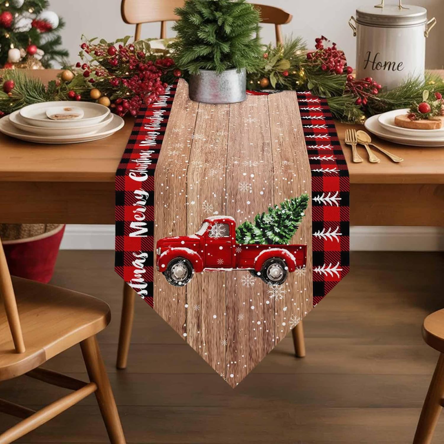Christmas Table Runner Linen Burlap Dresser Scarves,Retro Red Truck and Christmas Tree Table Runners for Dinner Holiday Party, Christmas Eve, Kitchen Dining Decor Farmhouse Wood Grain 16x72in