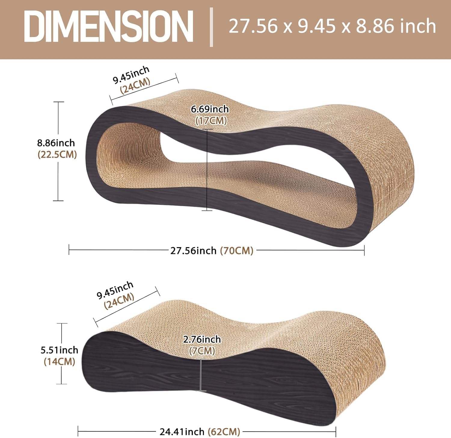 2 in 1 Large Cardboard Cat Scratcher Lounger，Cat Scratching Board for Indoor Cats,100% Recyclable&Reversible Horizontal Scratching Pads Prevents Furniture Damage,Brown