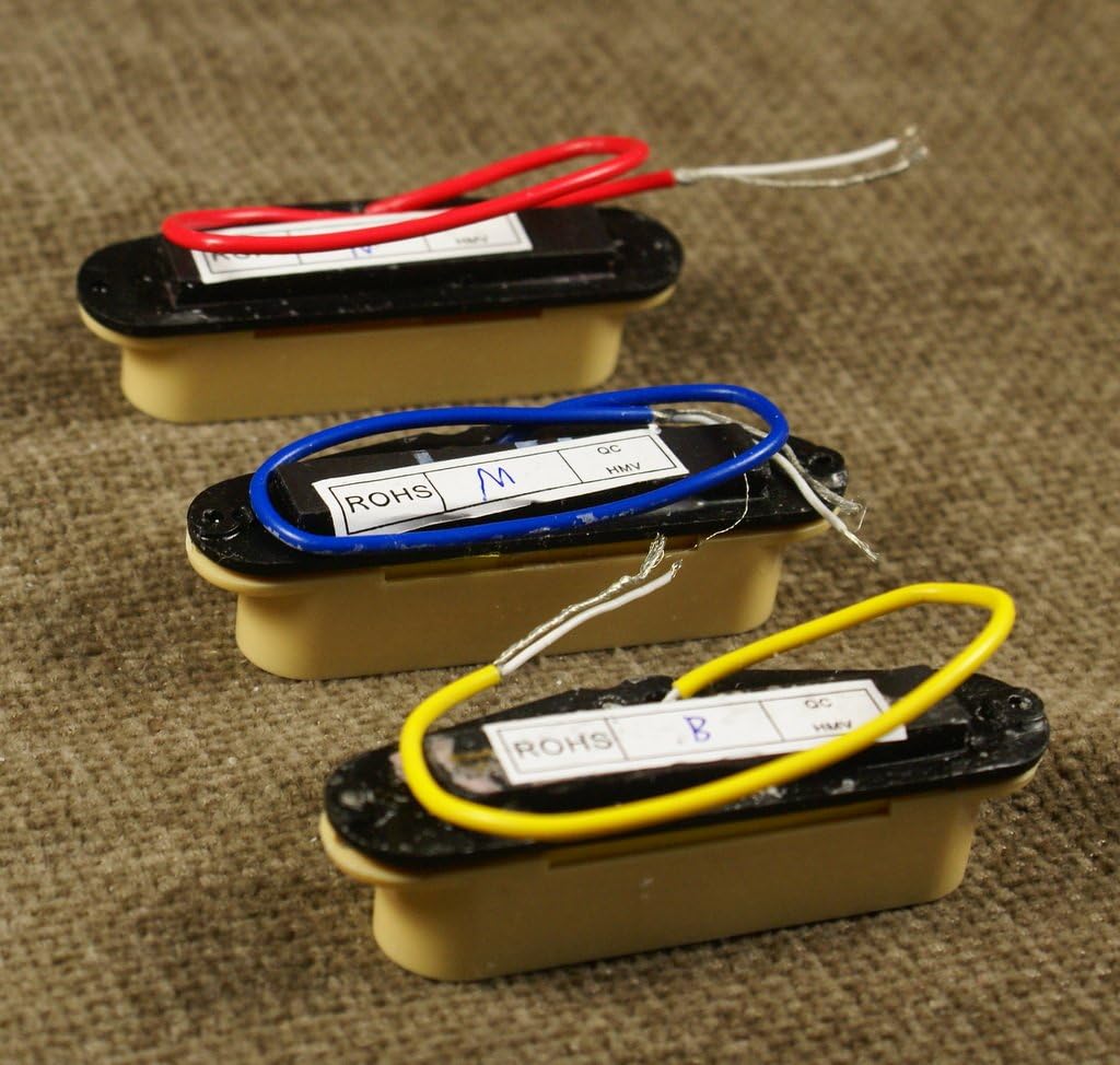 Back view of three SSS single coil pickups showing 'N', 'M', 'B' labels and wiring.