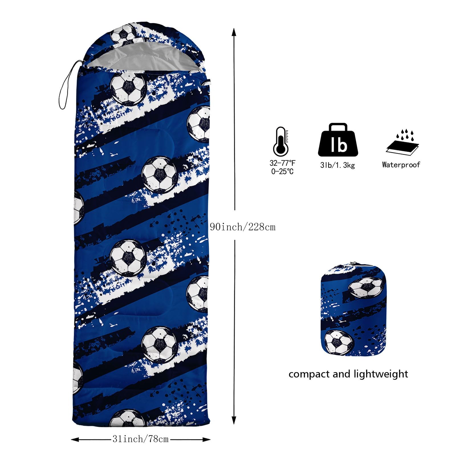 HOSIMA Sleeping Bags for Boys Kids,Blue Football Printed Lightweight Warm Portable Outdoor Indoor Waterproof Cold Resistant Sleeping Bag for Camping Hiking (Football12) - Image 3