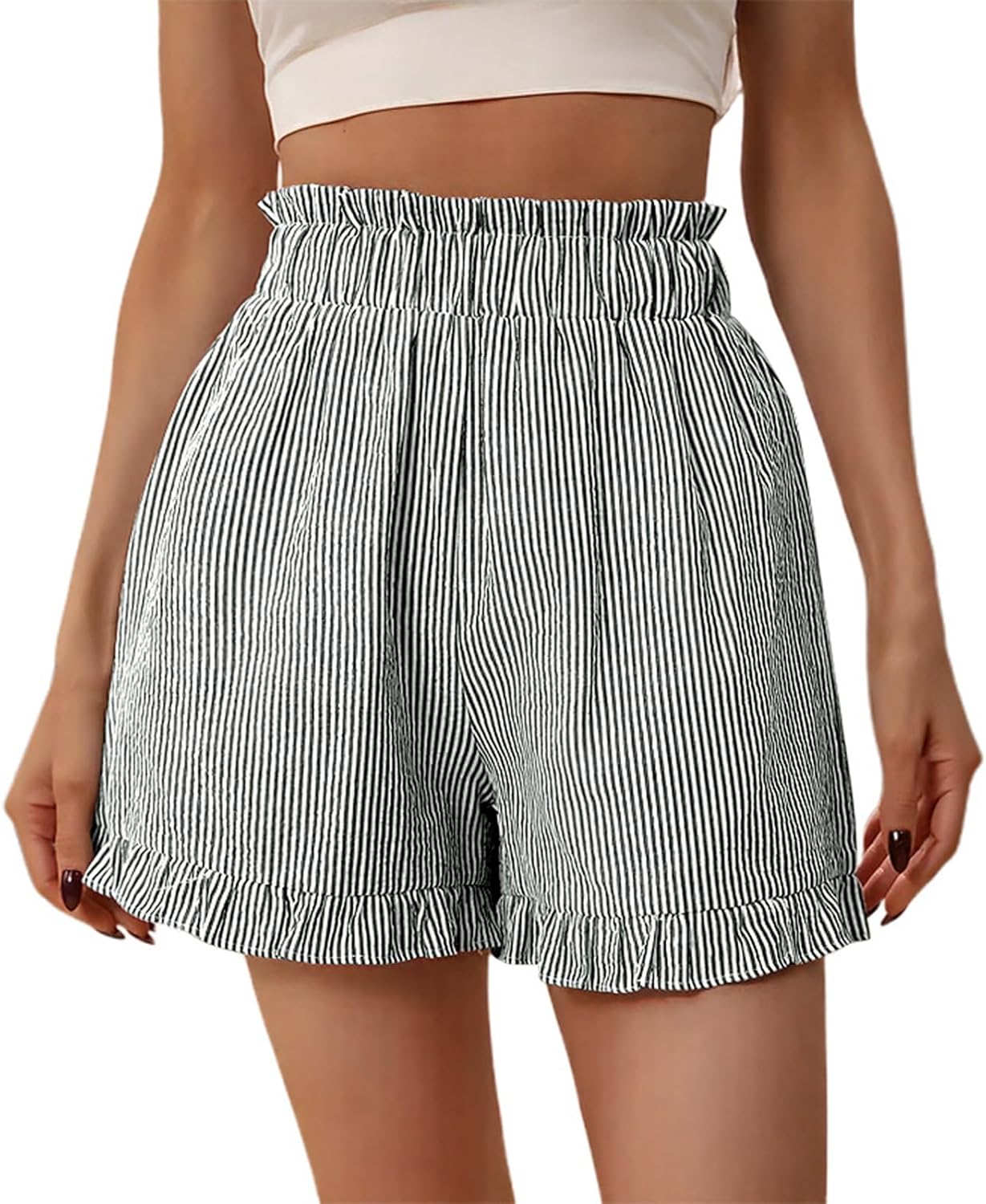Women’s High Waisted Ruffle Shorts Elastic Waist Pleated Textured Casual Shorts Summer Cute Loose Lounge Beach Bottoms