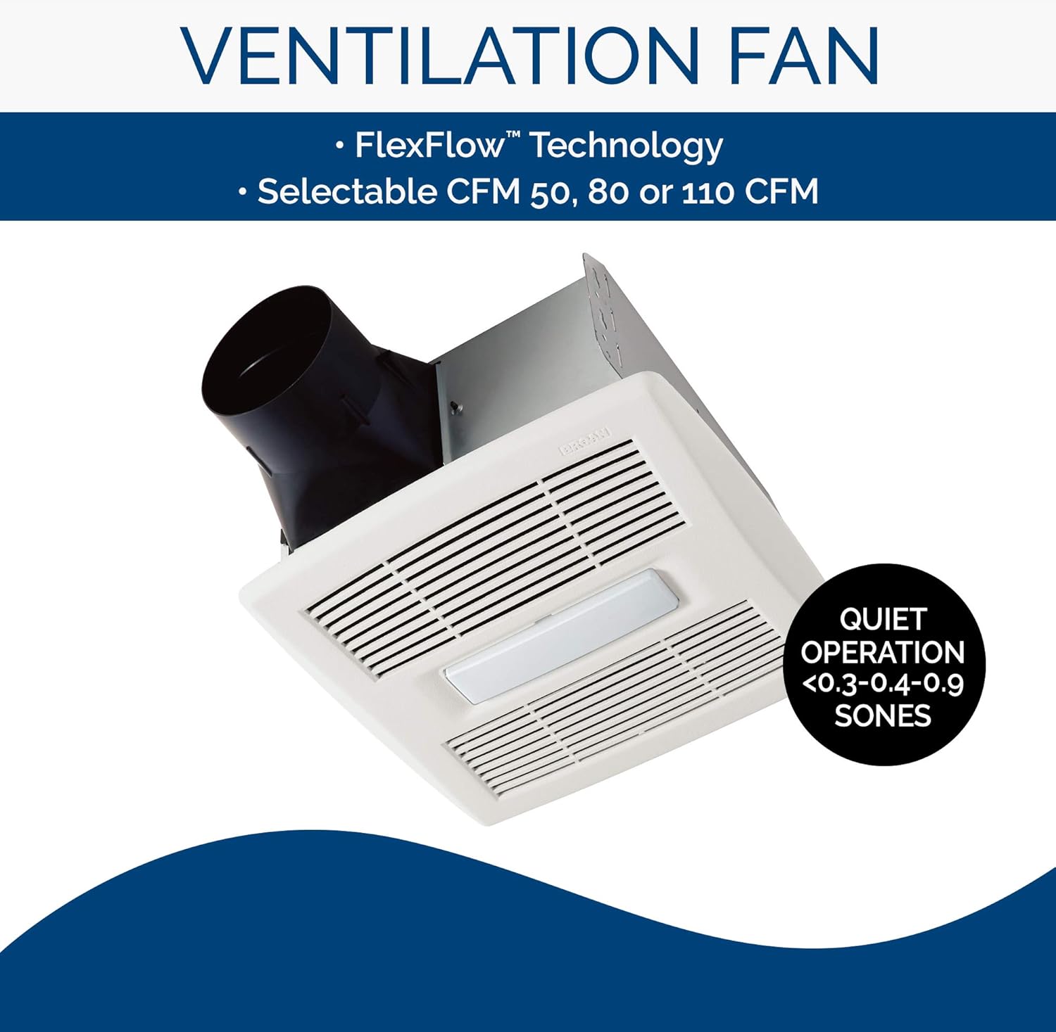 Broan-NuTone AE50110DCL Selectable Speed Ventilation Fan with LED, ENERGY STAR Certified, 50-80-110 CFM, 0.3-0.4-0.9 Sones