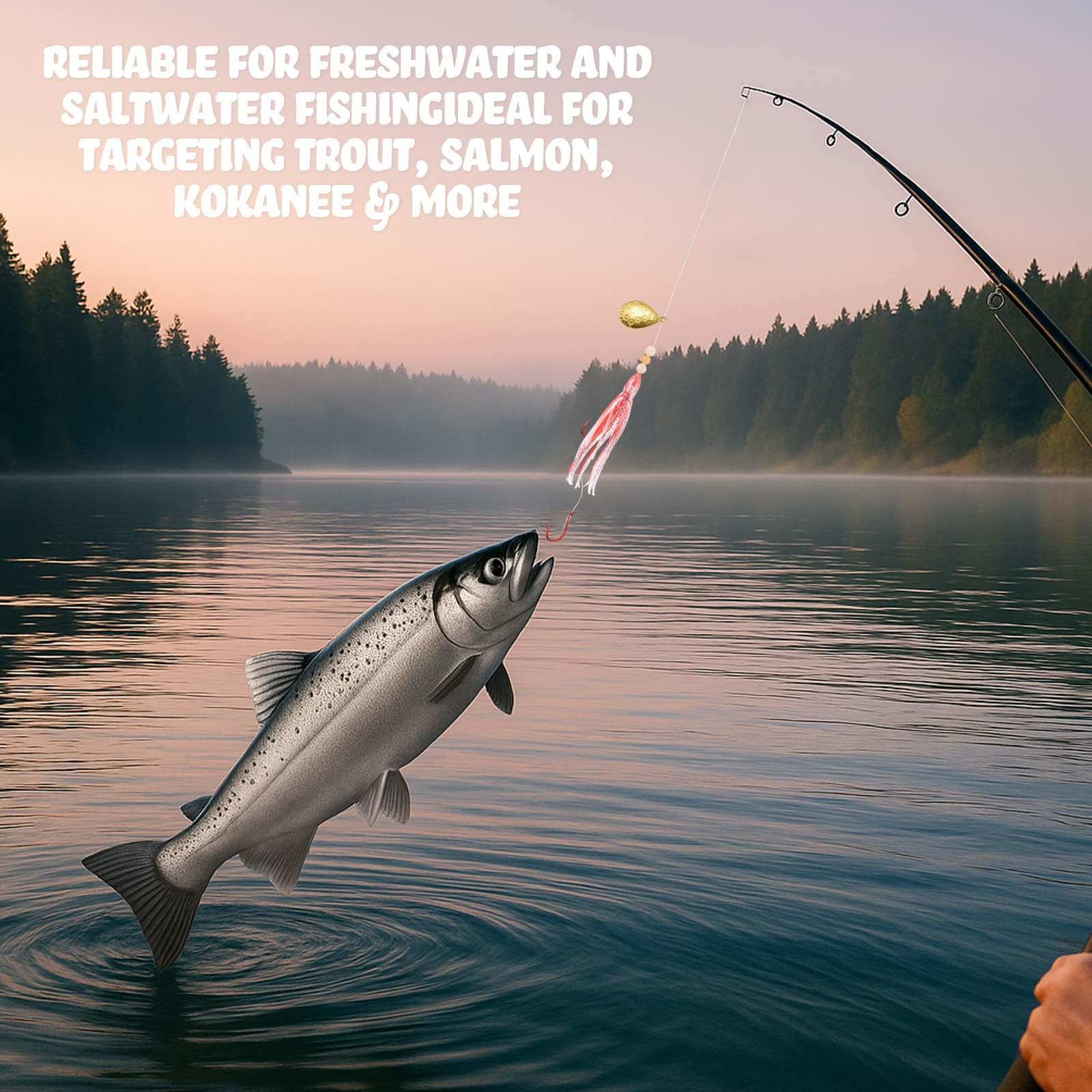 Glow Fresh Water Kokanee Lachs Schleppköder mit vormontierten Octopus-Haken – Spinnklingen, synthetische Röcke, Kokanee Hoochies zum Lachsangeln