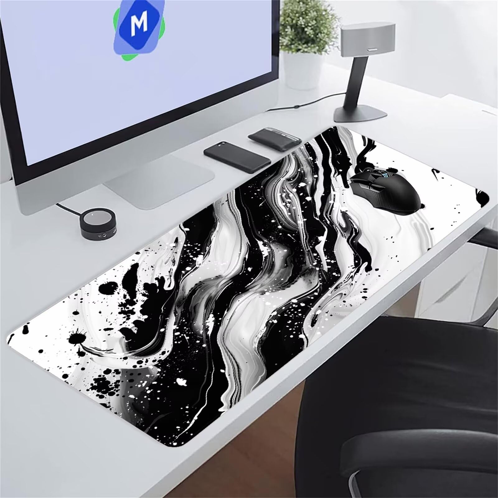 Tapis de Souris XXL Gaming Liquide Blanc Noir Tapis de Souris Gamer 1500x800x2 mm Grand Tapis de Bureau avec Base en Caoutchouc Antidérapante pour Bureau, Études, Gaming