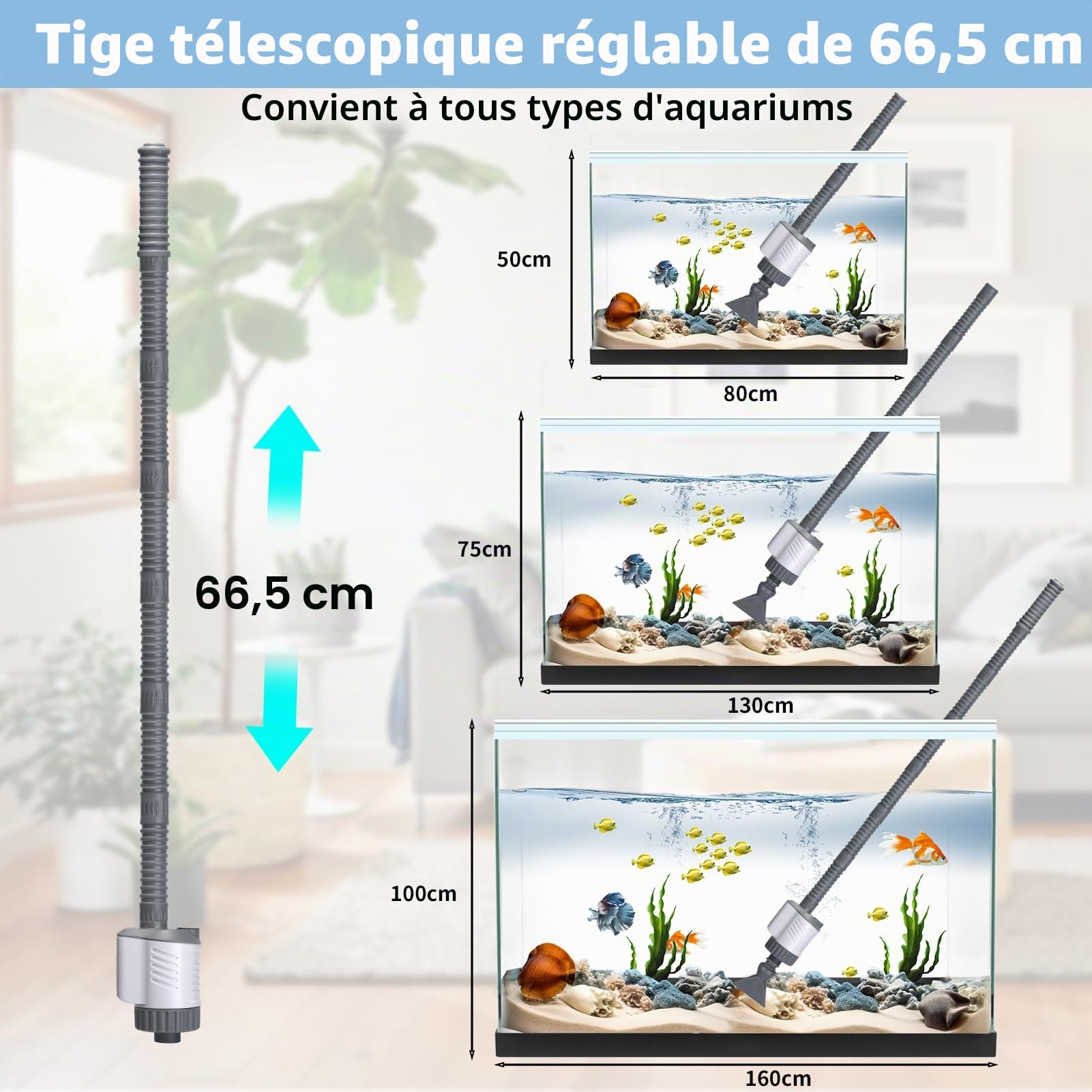 Piston Aquarium Électrique 30W Aquarium Nettoyant Galets sous Vide avec Soufflet - Kit d'aspiration d'Aquarium pour Changement d'eau, Nettoyage du Sable, Enlèvement de la saleté avec Tige