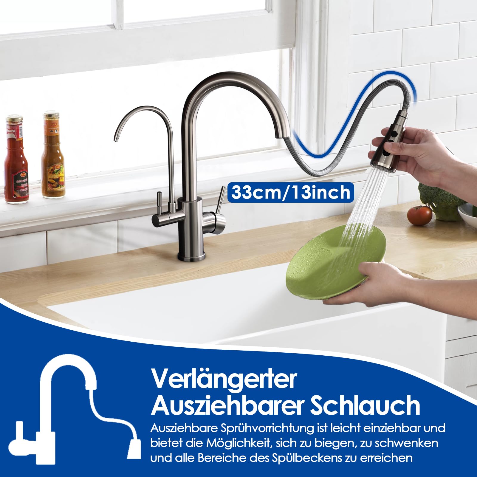 ROVOGO 3 Wege Wasserhahn Küche mit Filter, Hochdruck Küchenarmatur mit Brause Ausziehbar, Doppelhebel Spültischarmatur für Heiß-, Kalt- und Trinkwasser, Mischbatterie Gebürstet Edelstahl, C-Auslauf