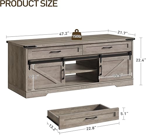 Miniatura 2 de Mesa de Centro Estilo Granja de 47" con Almacenamiento y 2 Cajones, Mesa Central Rústica Grande con Puertas Corredizas de Granero y Compartimentos
