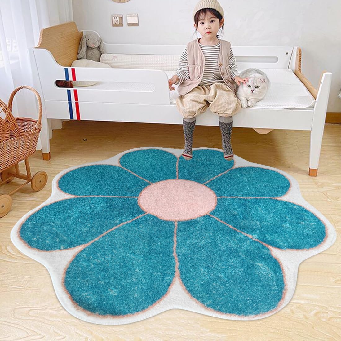 Poowe Flower Shaped Round Soft Floral Area Rugs for Living Room Girls Bedroom Carpet Nonslip Indoor Mat for Kitchen Nursery Playroom Rug,Round 47.2"-Green