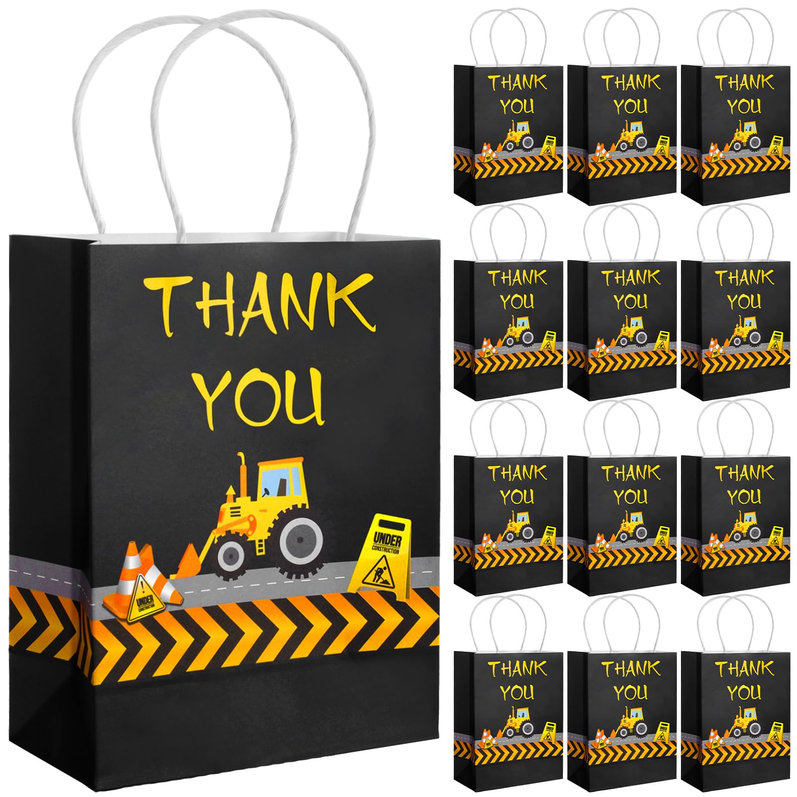 Outus 12 Pieces Construction Party Favors Bags Truck Themed Candy Goodie Bags for Birthday Themed Party Supplies Decorations, 8.3 x 6.3 x 3.1 Inches (Black)