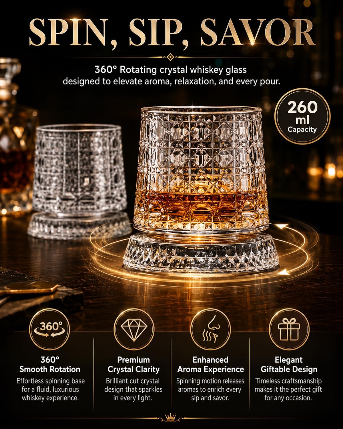 Spinning Whiskey Glasses Set of 2, 360° Rotating Crystal Old Fashioned Whiskey Tumblers, Bourbon Glasses with Weighted Base for Aroma Enhancement, Cocktail & Barware Gift Set for Men (#D(2pcs)