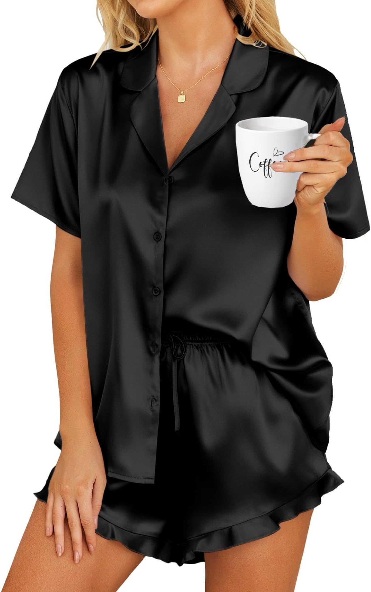 Womens Satin Pajamas Set Button Down 2 Piece Silk Pjs Shorts Set Ruffle Lingerie Notch Collar Sleepwear