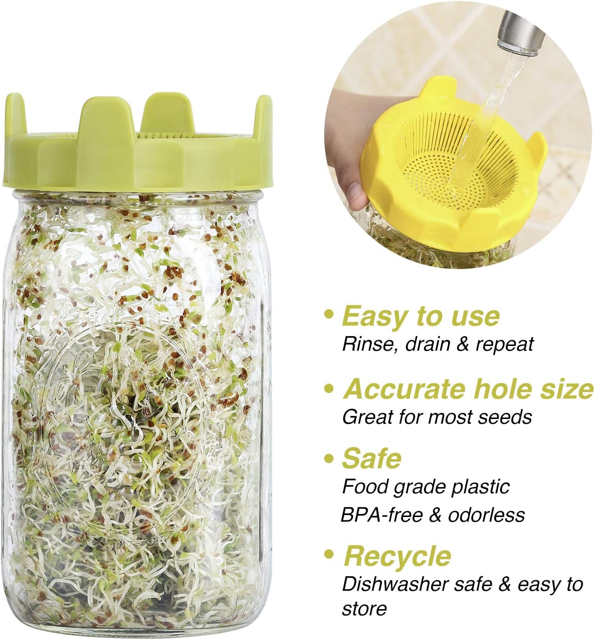 Easy Rinse & Drain Plastic Sprouting Lids for Wide Mouth Mason Jars – 6 Pack