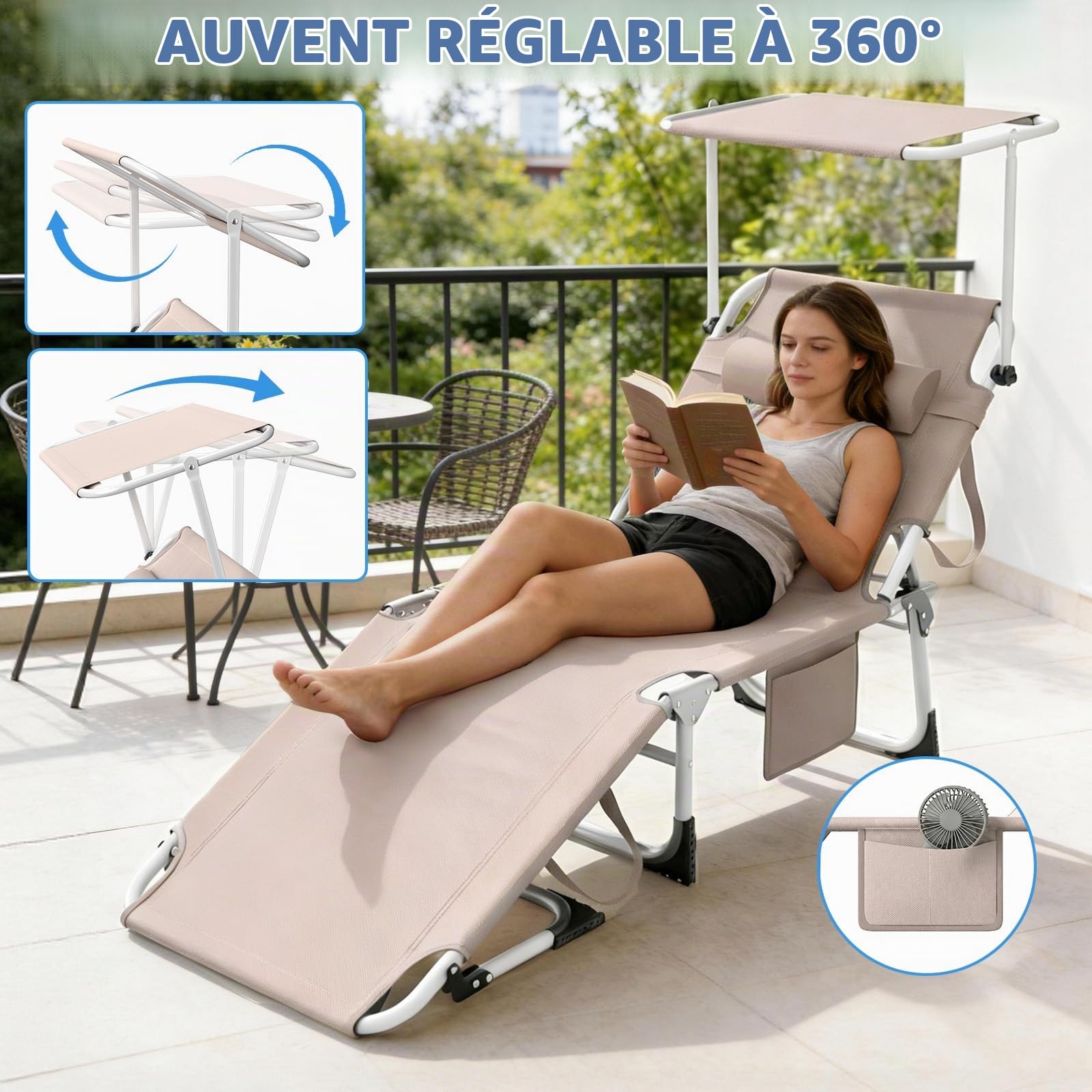 Huracan Chaise longue pliable avec toit, Chaise longue de jardin plus large avec dossier réglable 4 fois, chaise longue d’extérieur portable avec coussin pour la tête, chaise longue de plage