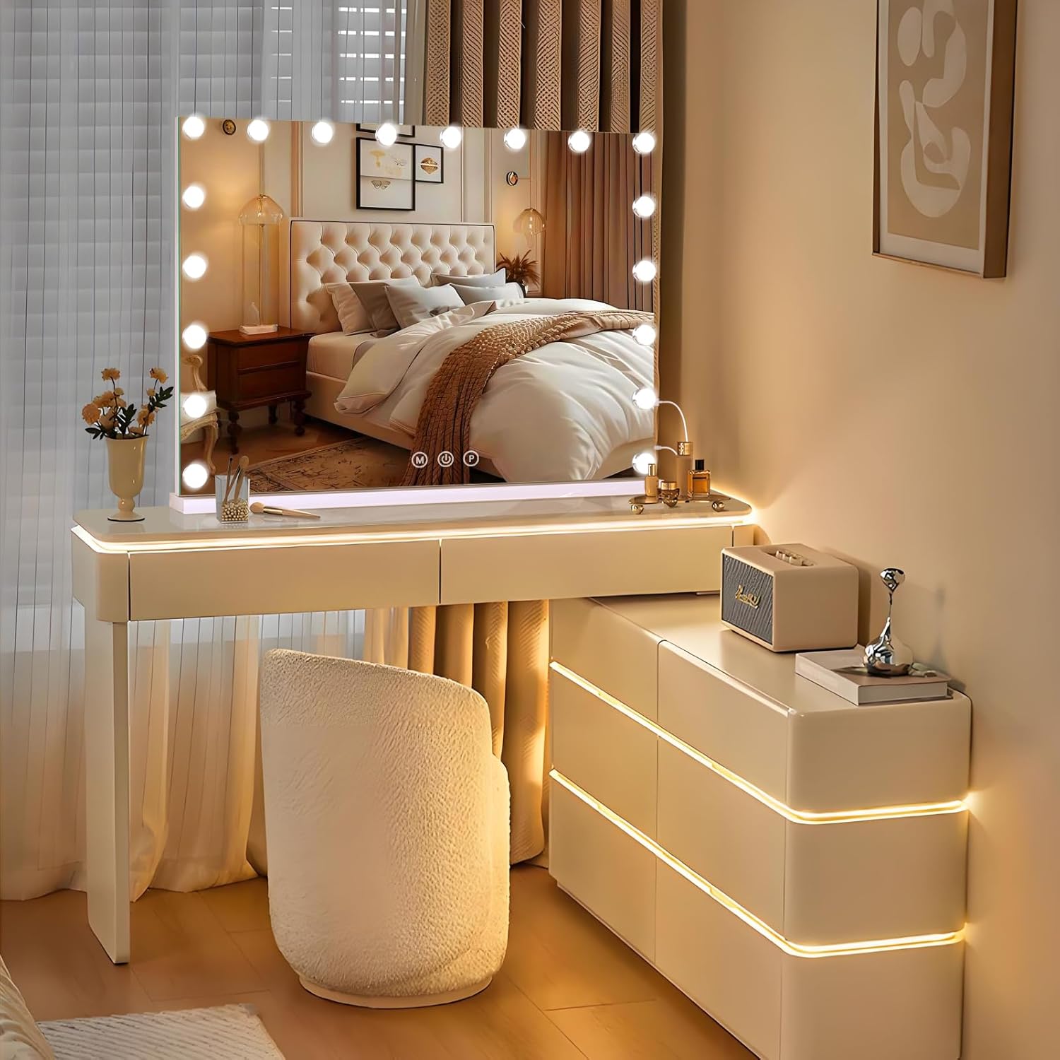 Vanity Mirror with Lights, Large Makeup Mirror with LED Lights, Smart Touch Dimmable 3-Color Light, Memory Function, USB Charging Port