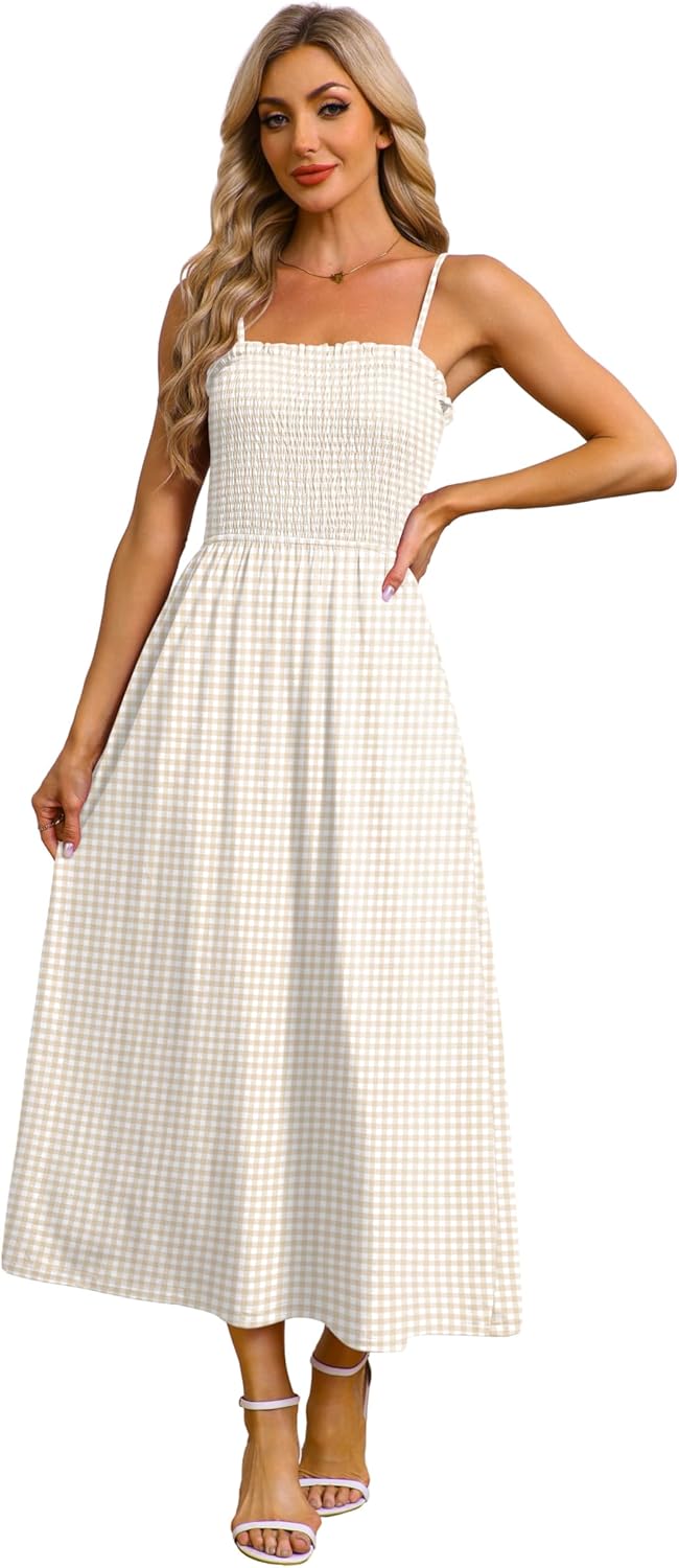 OFEEFAN Womens Spaghetti Strap Maxi Dresses Smocked with Pockets 2026 Summer Spring Casual Boho Beach Long Sundresses - Image 4