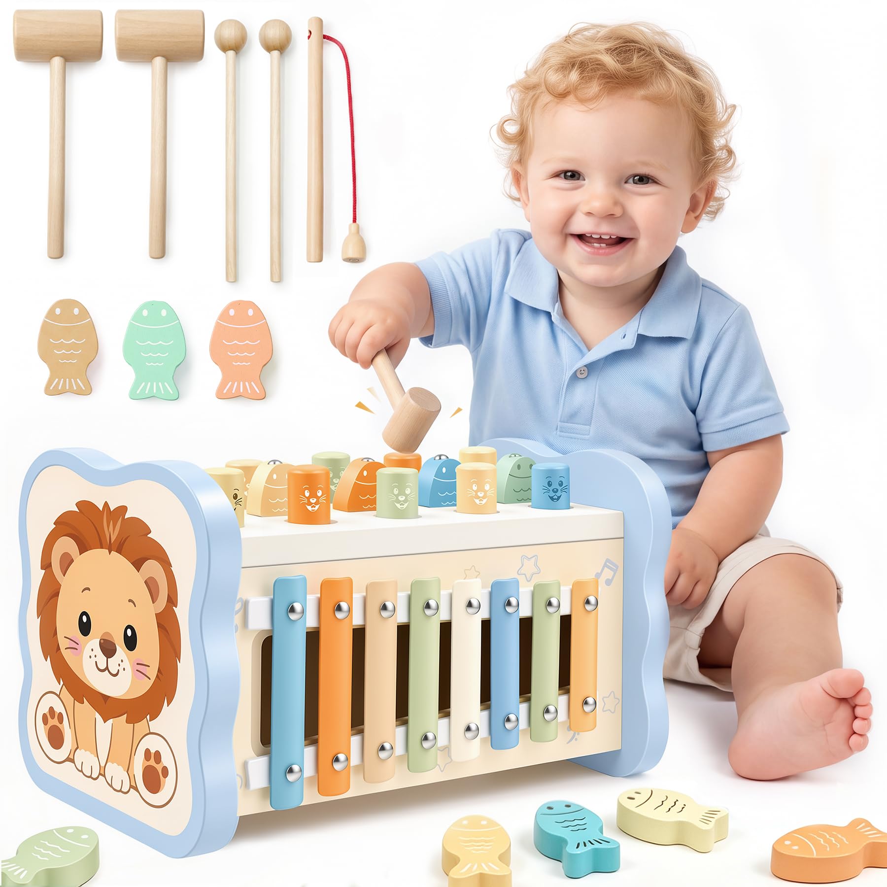 VITOACE Montessori Spielzeug ab 1 Jahr, 7 in 1 Hammerspiel Angelspiel Magnet Holzspielzeug Motorikspielzeug, Xylophon Kinder 1 Jahr, Geschenk Kinderspielzeug ab 1 2 3 Jahre Junge Mädchen