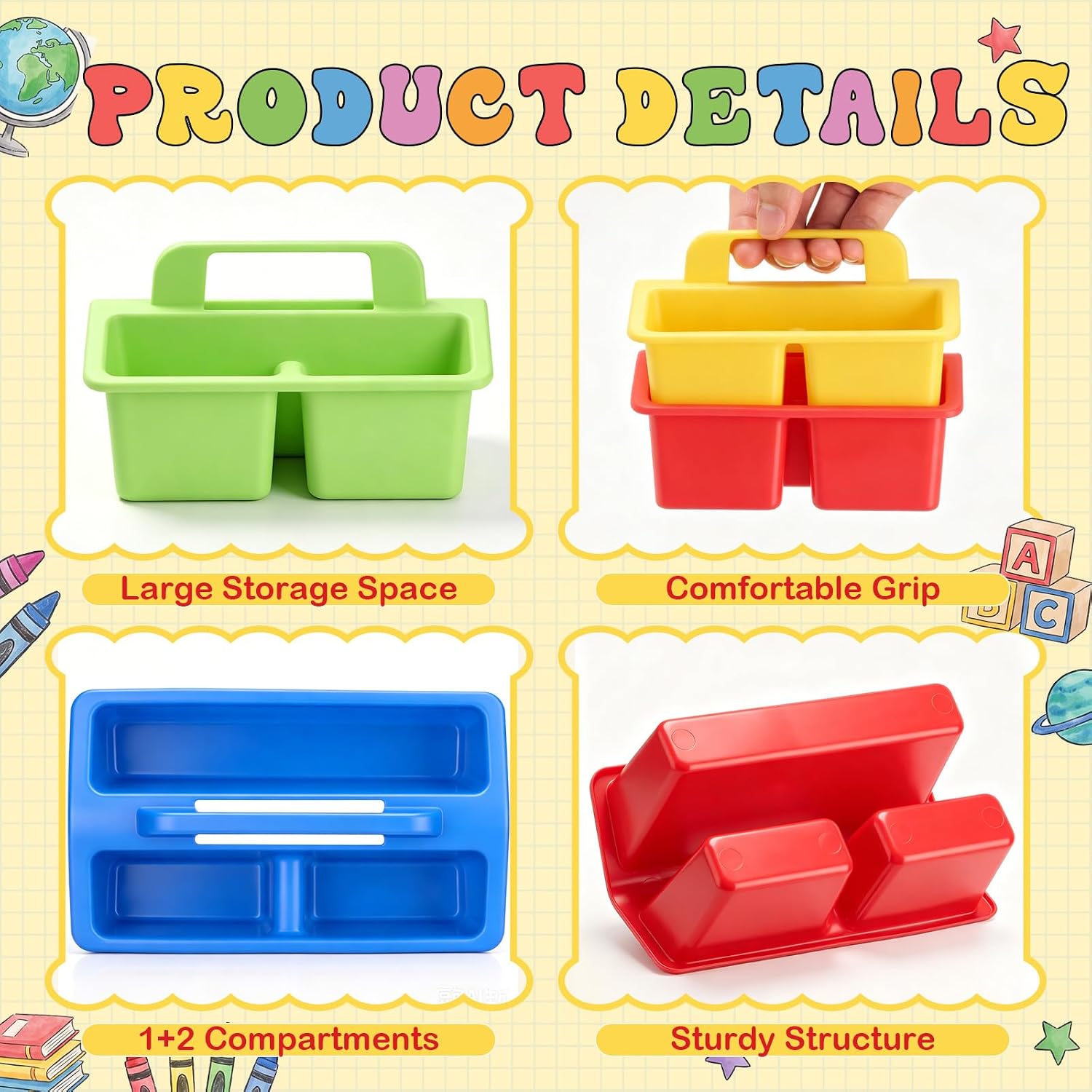 Hushee 16 Pack Mini Classroom Caddy with Handle 3 Compartments, 4 Color image 3