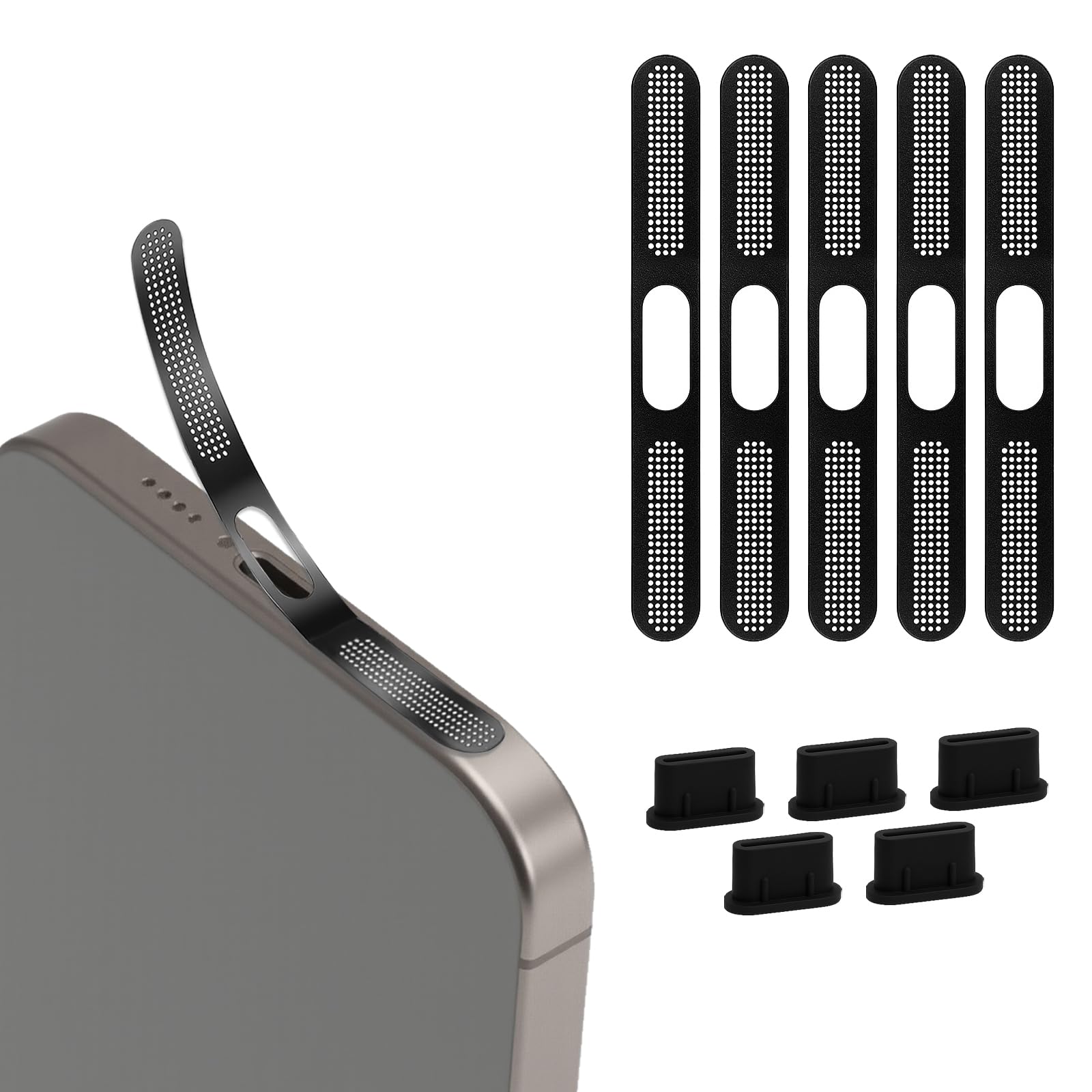 Zestaw do ochrony przed kurzem USB-C do iPhone 15/16 serii 5 x USB-C wtyczka przeciwpyłowa i 5 x głośnik, ochrona przed kurzem wysokiej jakości silikon i metalowa siatka, pełna ochrona portów