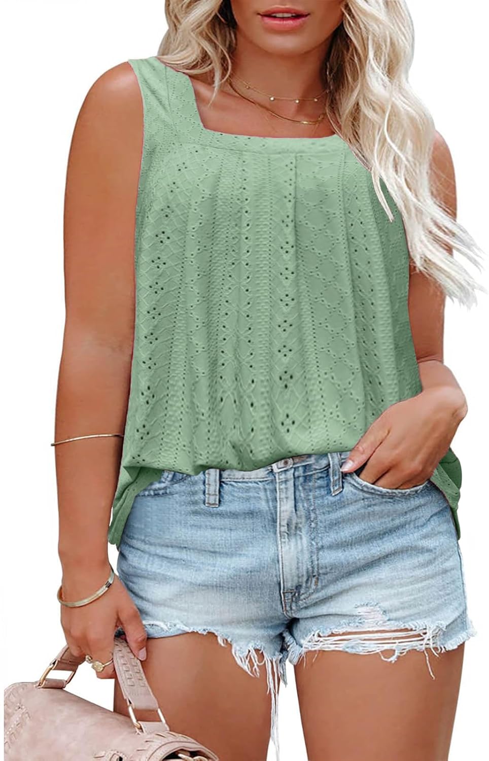 ROSRISS Plus-Size-Tank-Tops Summer Sleeveless Loose Fit Pleated Shirts Square Neck Tunics Eyelet Flowy Tees - Image 2