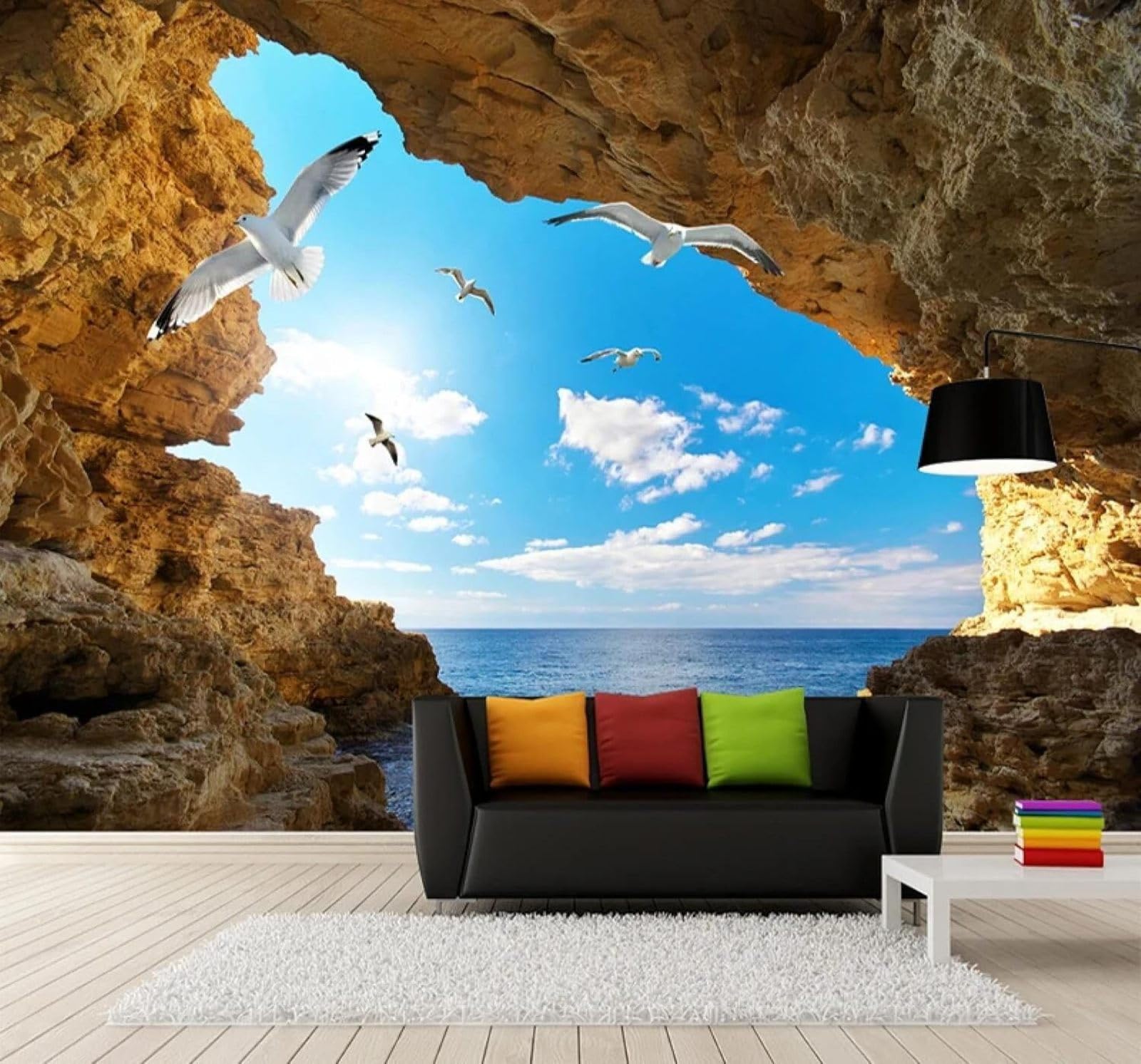 XLMING Island Cave Blue Sky White Clouds Seagulls 3D Wallpaper Silky Texture Home Study Office Grey Dining Room Sofa Bedroom Living Room TV Backdrop-350cm×256cm