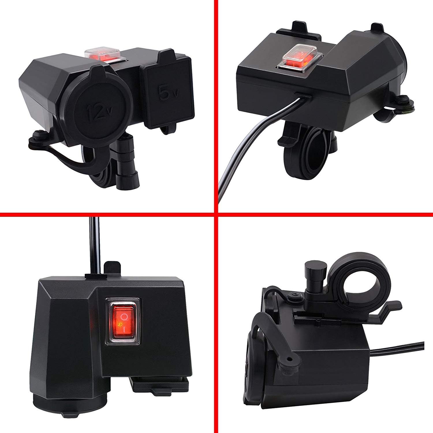 iMESTOU Waterproof Motorcycle 12V Cigarette Lighter Socket 5V 2.1A Dual USB Phone Charger Power Adapter with Voltmeter Mount on Handlebar for Phones/Tablets/GPS