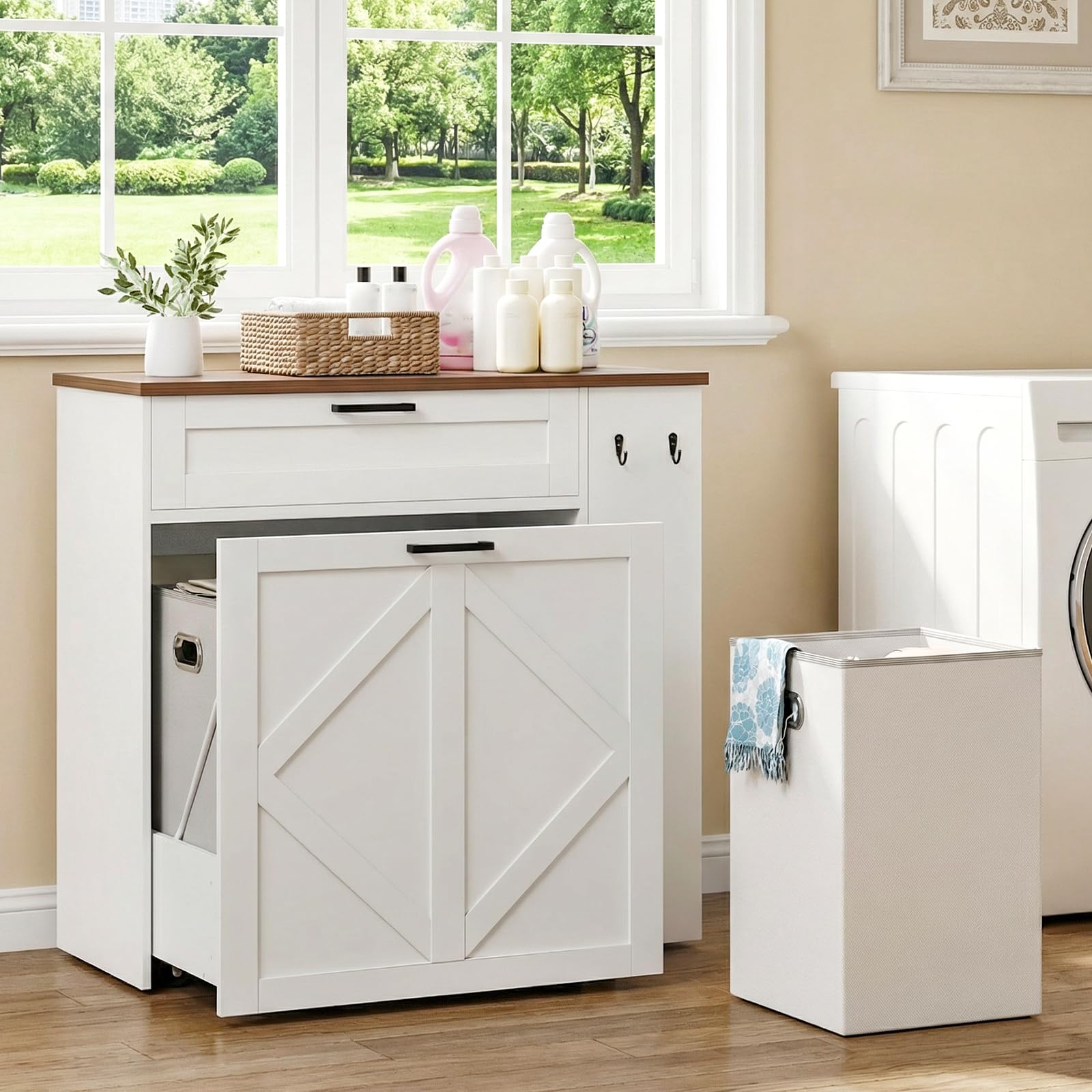Armario de lavandería con 2 cestas extraíbles para la colada, cajón de almacenamiento, estantes ajustables y ganchos para baño, lavadero y cocina, color blanco y nogal