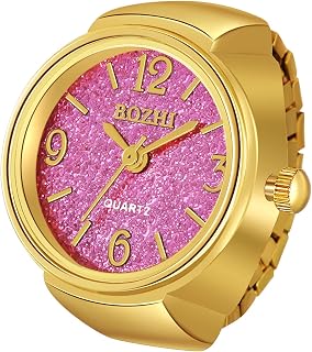 Men Women Finger Watch Gold-Silver Plated Elastic Watch Rings Glitter Round Dial Quartz Ring Watches,