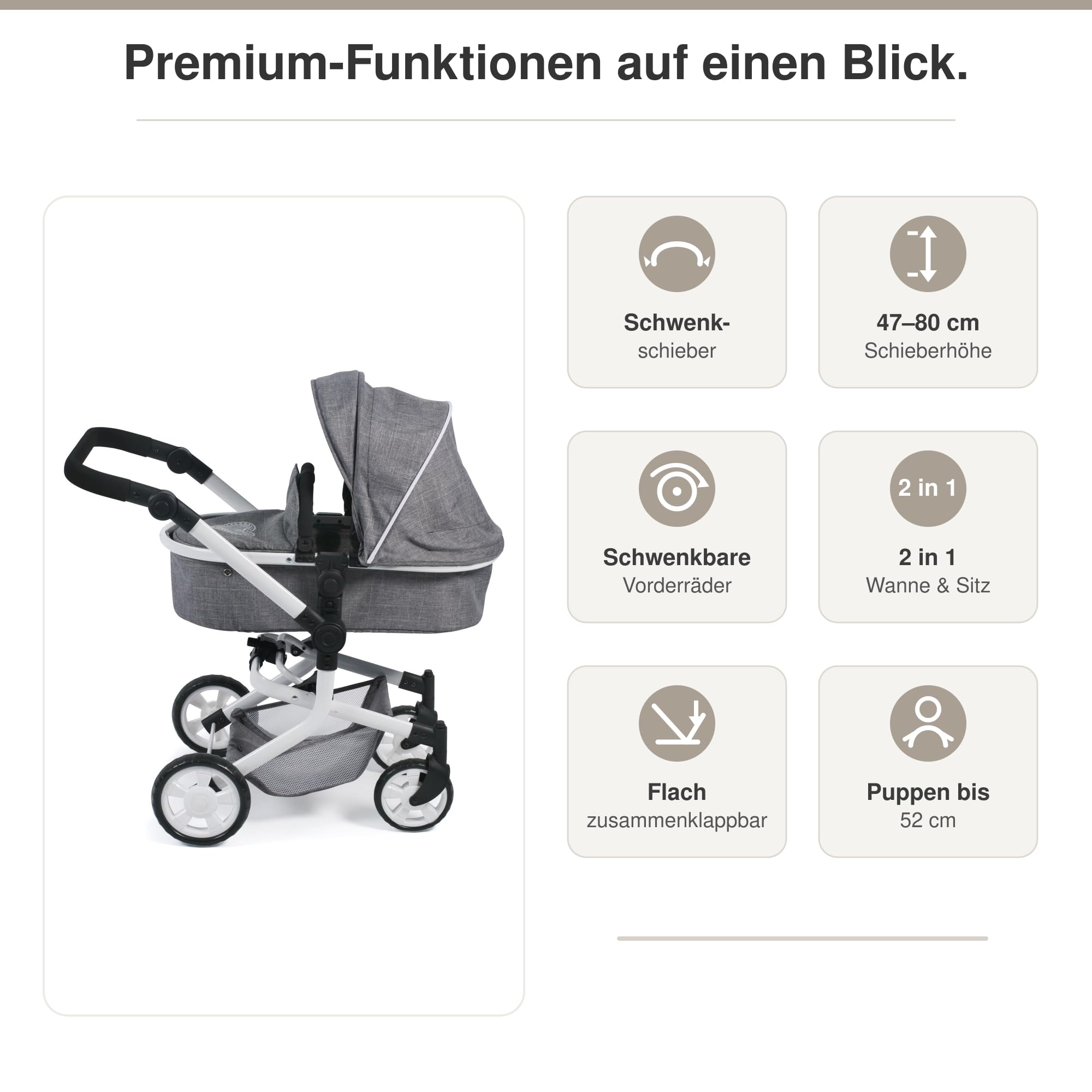 Bayer Chic 2000 Cochecito Muñecas 2en1 Mika | Manillar Regulable 47-80 cm | Cochecito de muñecas premium 2en1 convertible con manillar ergonómico y ruedas giratorias. Robusto y de larga vida útil.