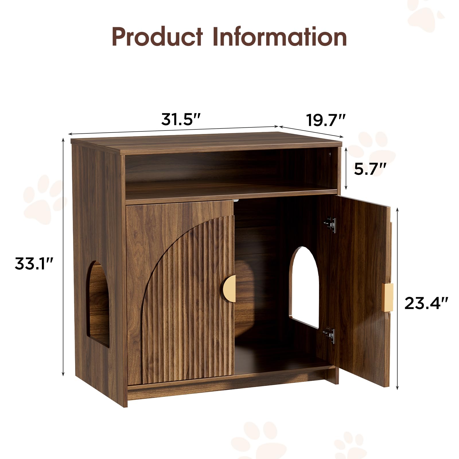 Cat Litter Box Enclosure, Cat Litter Box Furniture with Storage, Modern Fluted Arched Hidden Litter Box with Dual Entry, Waterproof Cat Box Enclosure, Side Table, Walnut - image 2