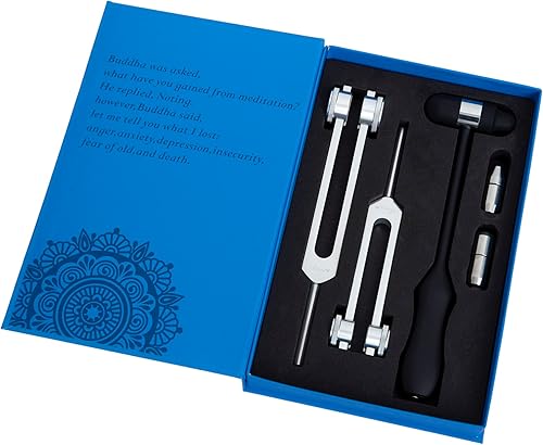 Miniatura 2 de Ckakra Paquete de 2 diapasones ponderados con pies de piedras preciosas naturales para curación corporal, martillo activador para diapasón,