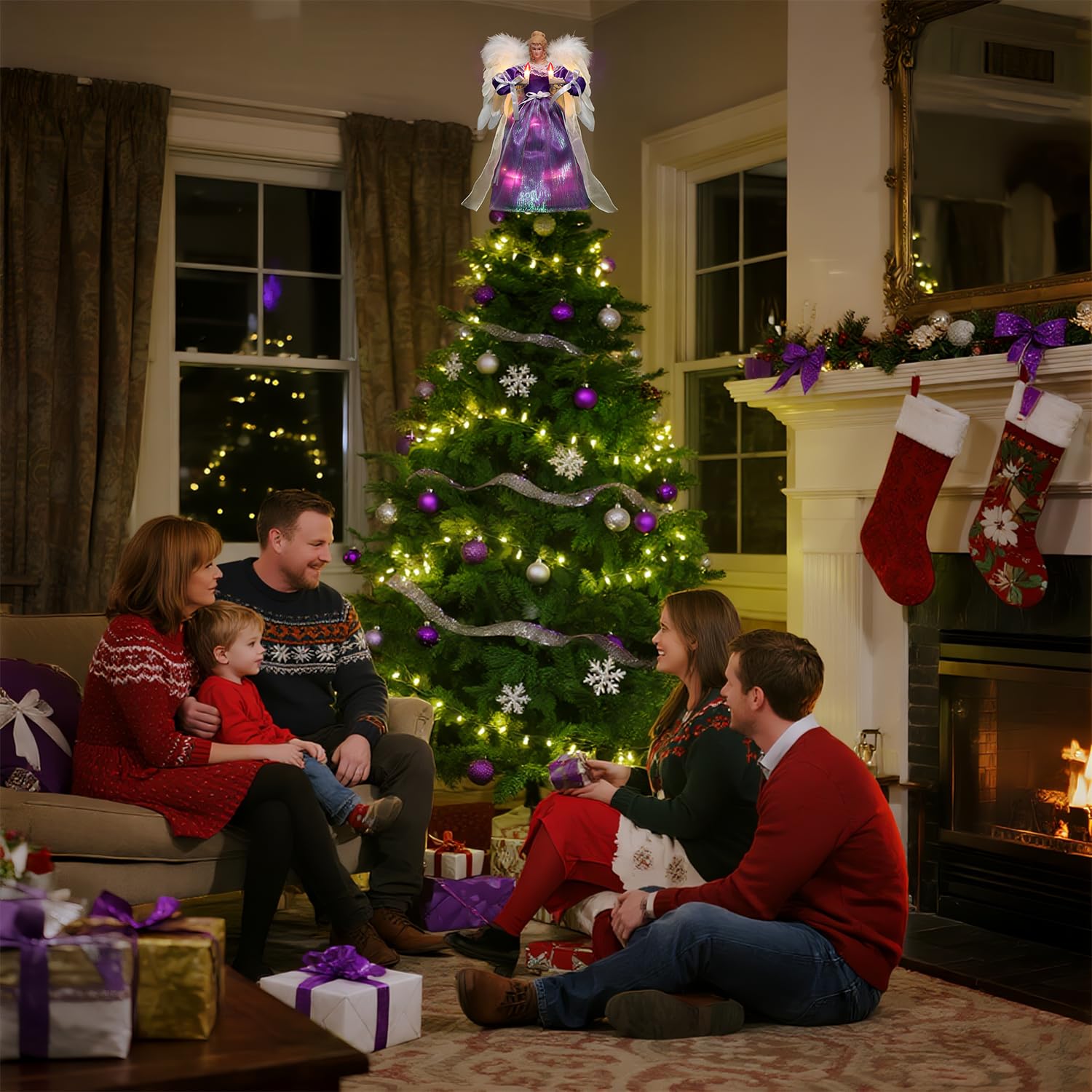 Christbaumspitze Engel mit automatisch schlagenden Flügeln – Weihnachtsbaumspitze beleuchtet in Lila, 30 cm, mit Hellen LEDs & separat steuerbaren Flügeln, 6 Std. EIN / 18 Std. Aus