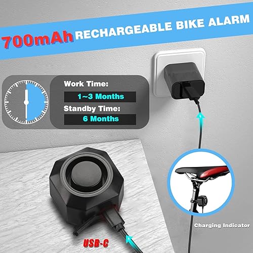 Miniatura 7 de WSDCAM Alarma eléctrica recargable con mando a distancia, bocina de bicicleta de 110 dB para adultos, bocina de bicicleta impermeable con vibración,