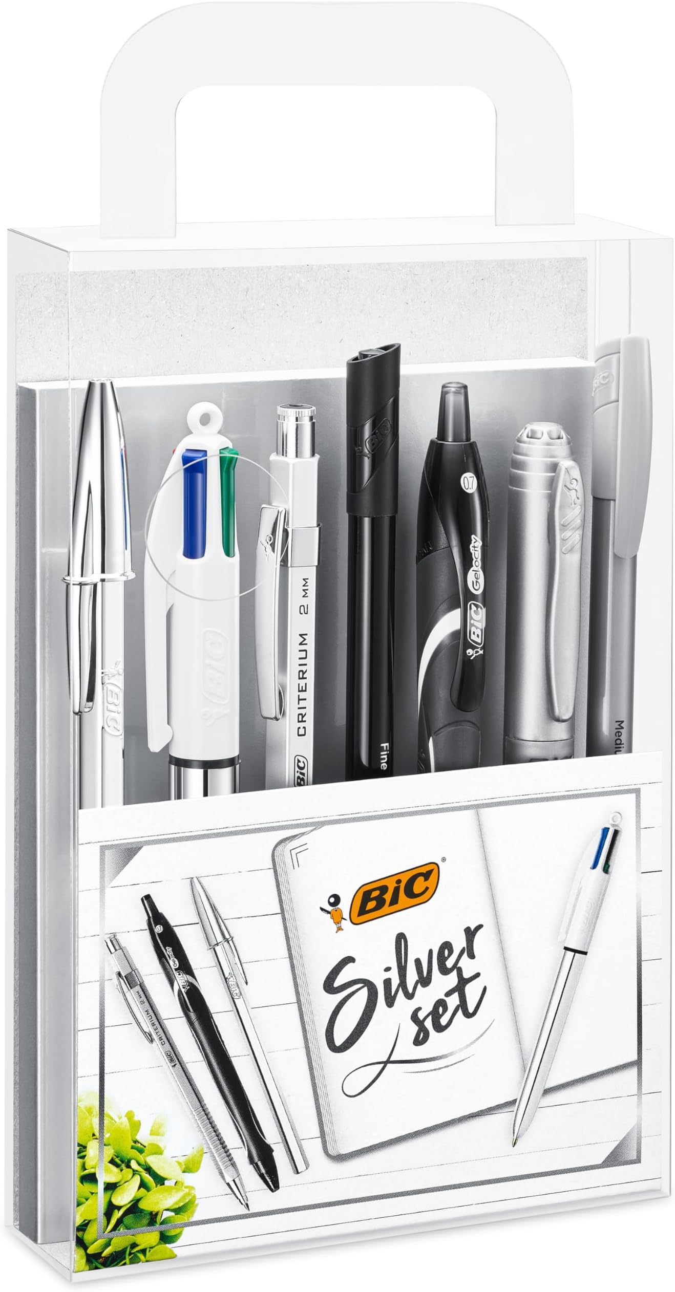 Silver Set - 1 Notebook, 3 Ball Pens/1 Gel Pen/1 Roller Pen/1 Permanent Marker/ 1 Mechanical Pencil