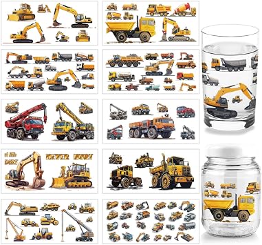 arricraft 10 Sheets Construction Vehicles UV DTF Cup Wrap for 16OZ Glass, Excavators Trucks Crane Rub on Decals PVC Transfer Stickers for DIY Cups Water Bottle Wood Funiture