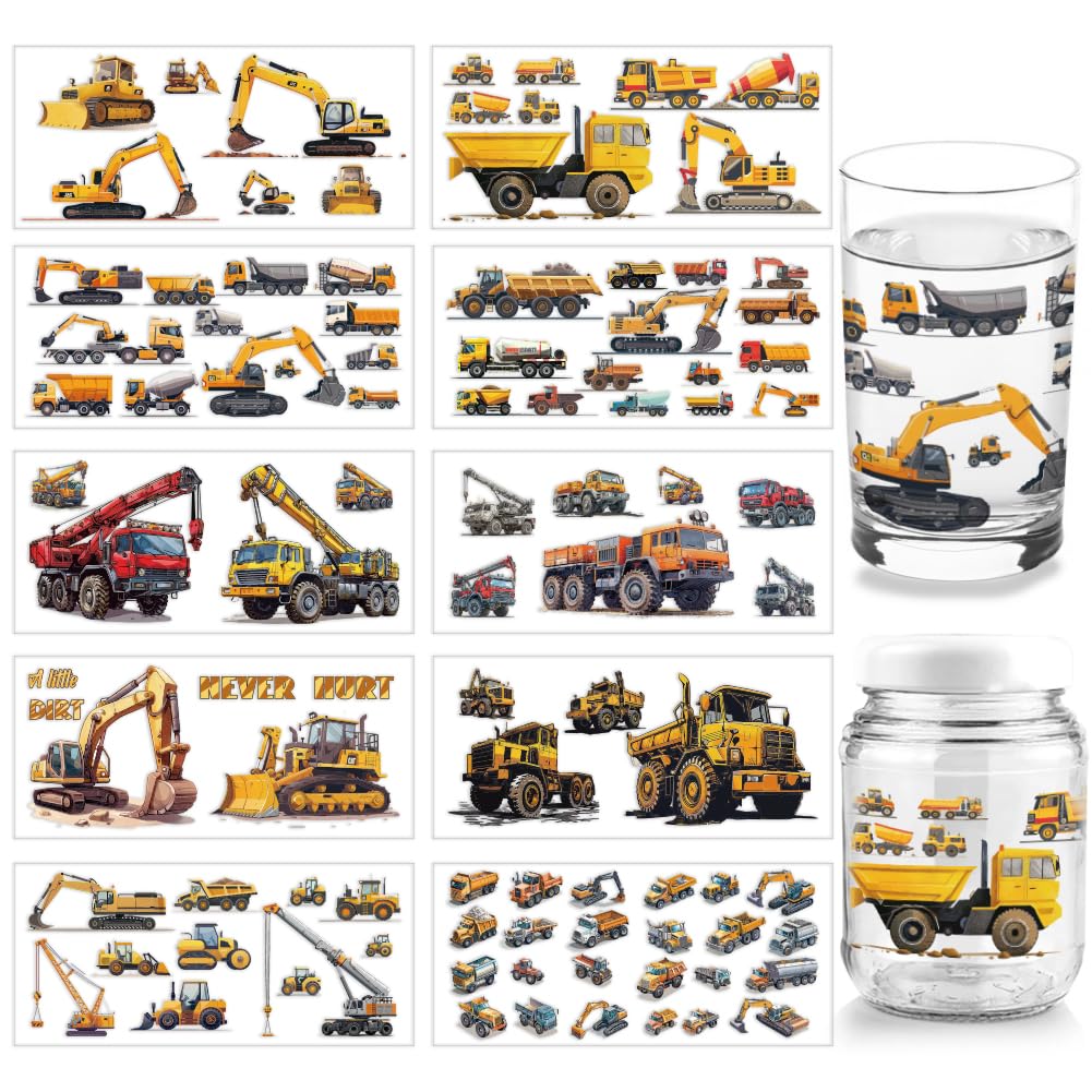 Autocollants UV DTF pour verre Libbey 473ml : transfert PVC pelleteuse et camion de chantier