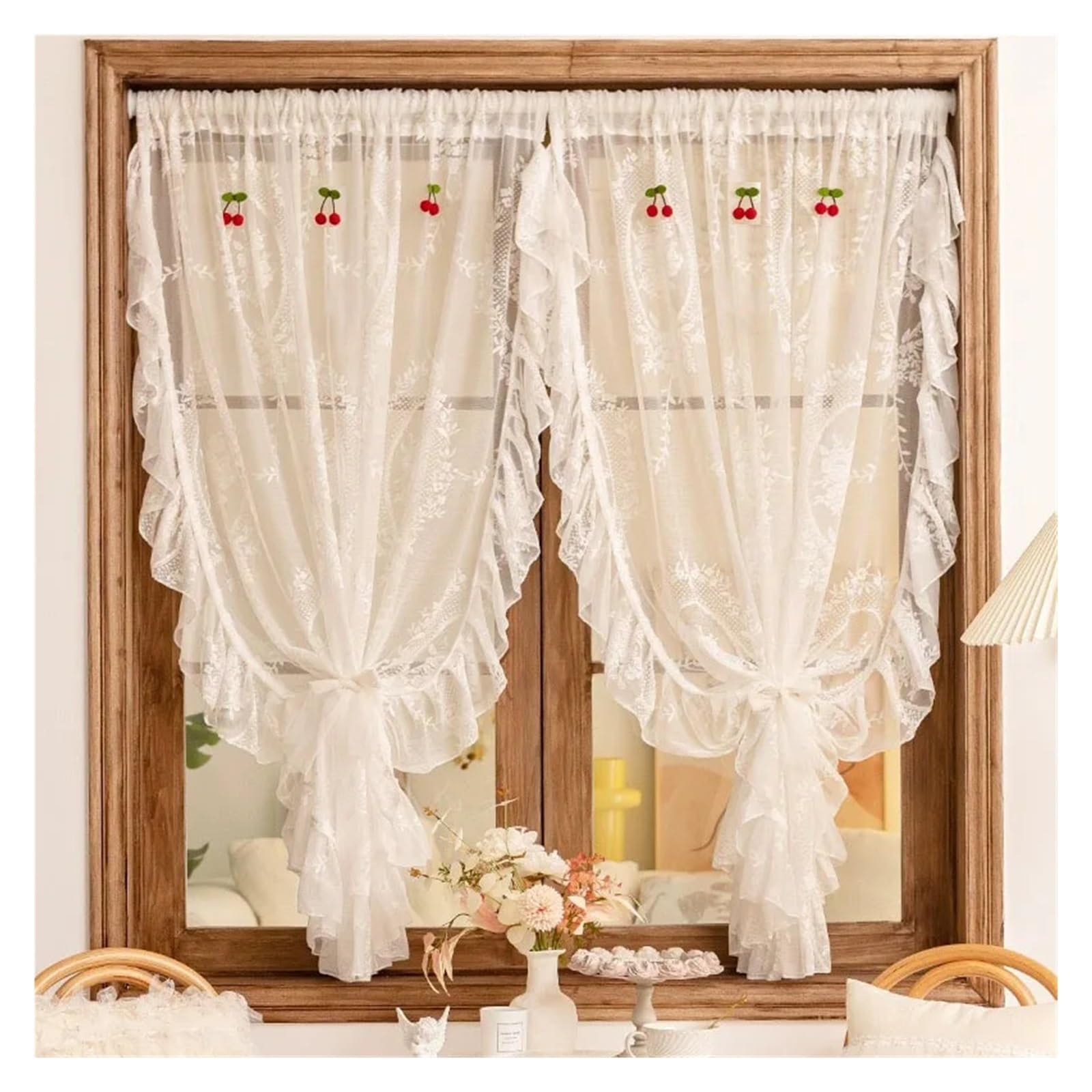 DFGRGRV Ruffle Curtains 1 PC French Style Ruffle Lace Tulle Curtain With Cherries American Retro White Voile Sheer Drapes For Living Room Bedroom(W100 x H150cm 1Piece)