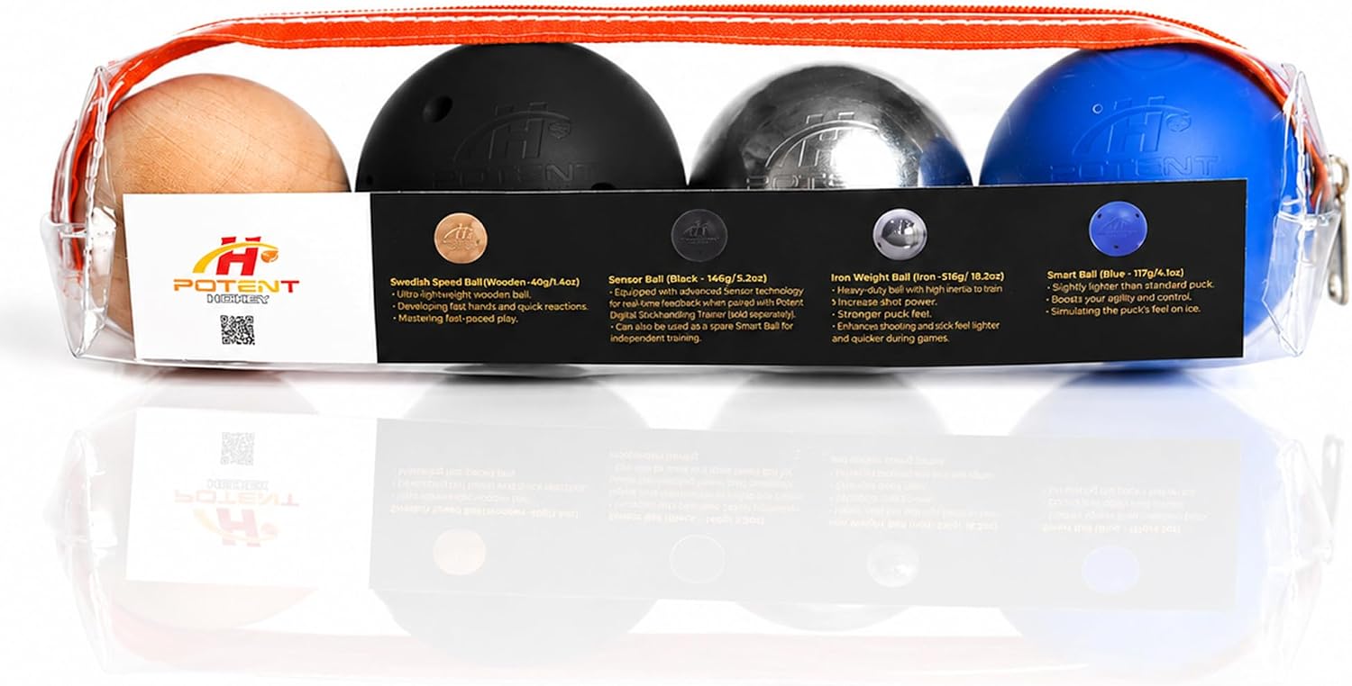 Potent Hockey | Stickhandling Trainer Balls for Puck Control - 4 Pack | Hockey Training Equipment for Puck Control | Improve Skills, Speed, Agility & Reaction Times